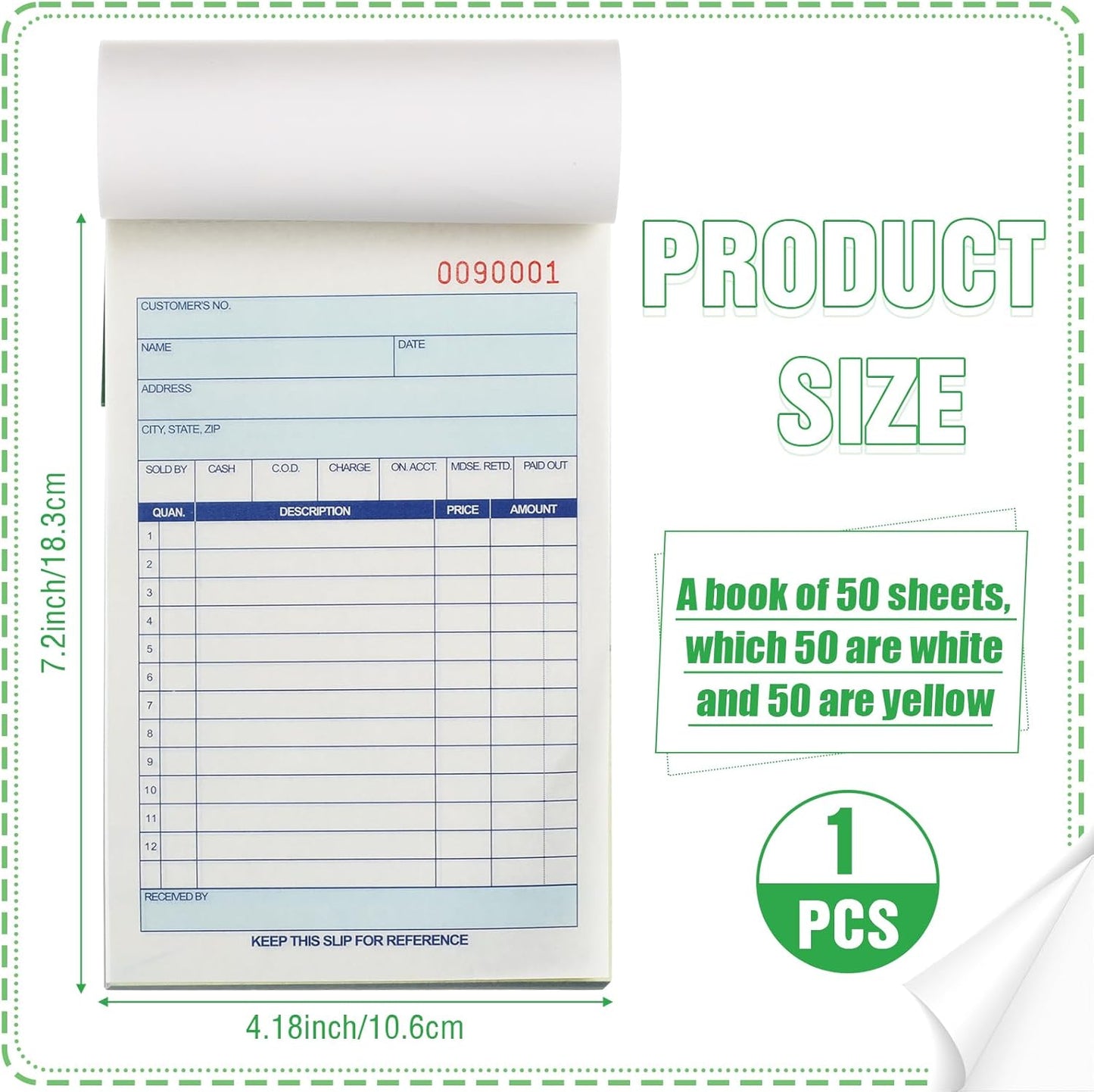 Lincia 1 Pads Sales Order Books 2 Part Carbonless (White/Canary Yellow) Receipt with Carbon Copies Cover Receipt Form Invoice 50 Sets Per Book (4.18 x 7.2 Inch/ 10.6 x 18.3 Cm)