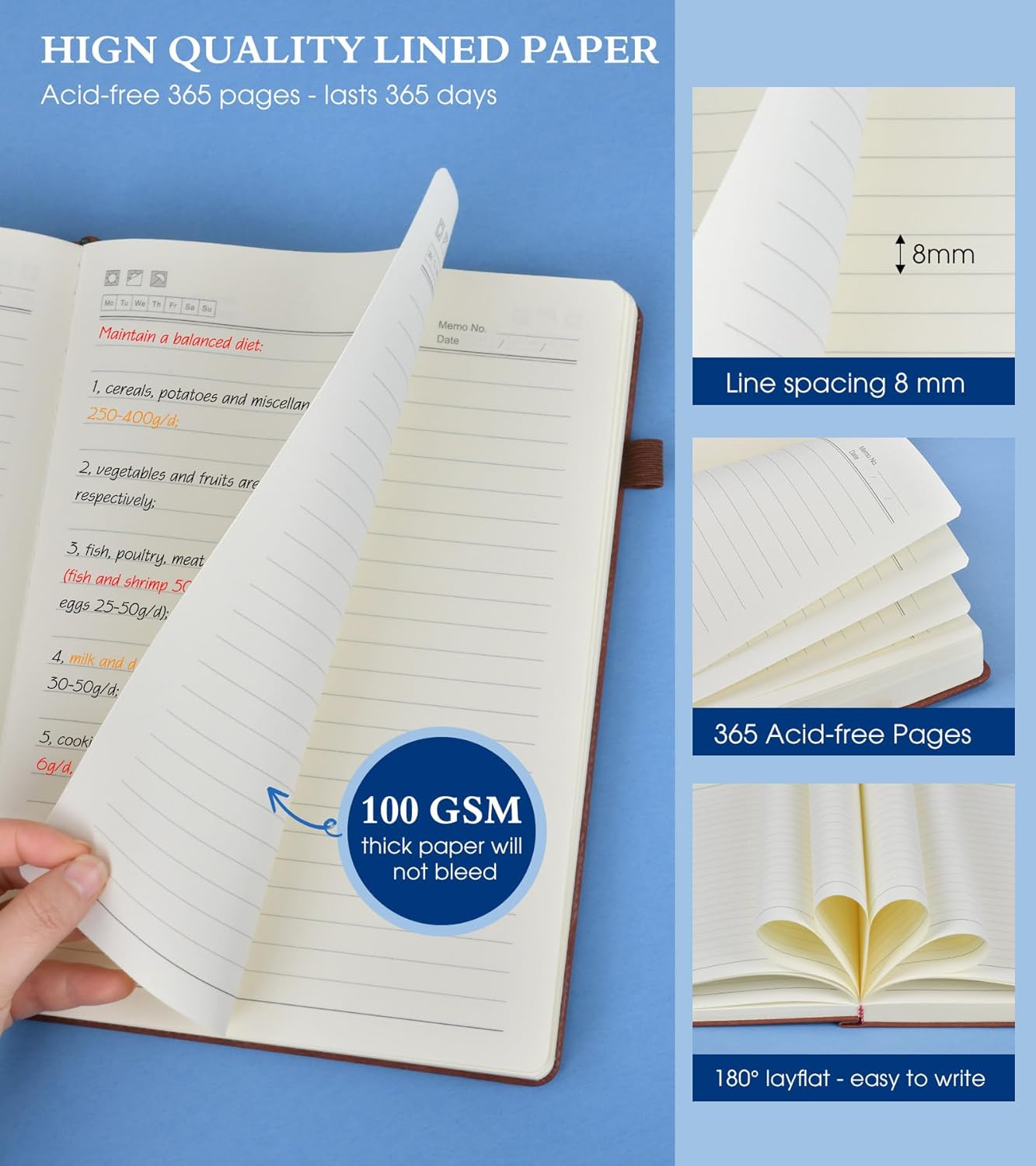 A4 Lined Journal Notebook，365 Page Large Leather Journals for Writing Women Men，Hardcover Notebook with 100Gsm Thick Pages for Travel，Work，School，College Ruled, Daily Diary (8.5" x 11.4")