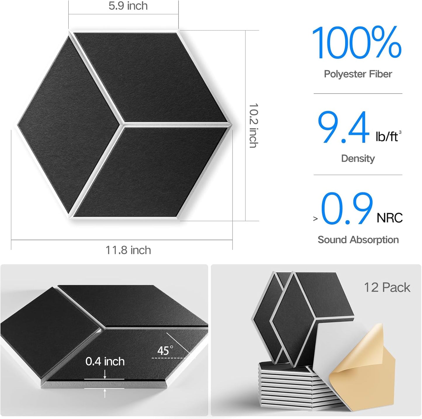 12-Pack Self-Adhesive Acoustic Panels 12" x 10" x 0.4" High-Density, Flame-Resistant Soundproof Foam. Absorbs Noise and Eliminates Echoes, Hexagonal 3D Design(BlackFace)