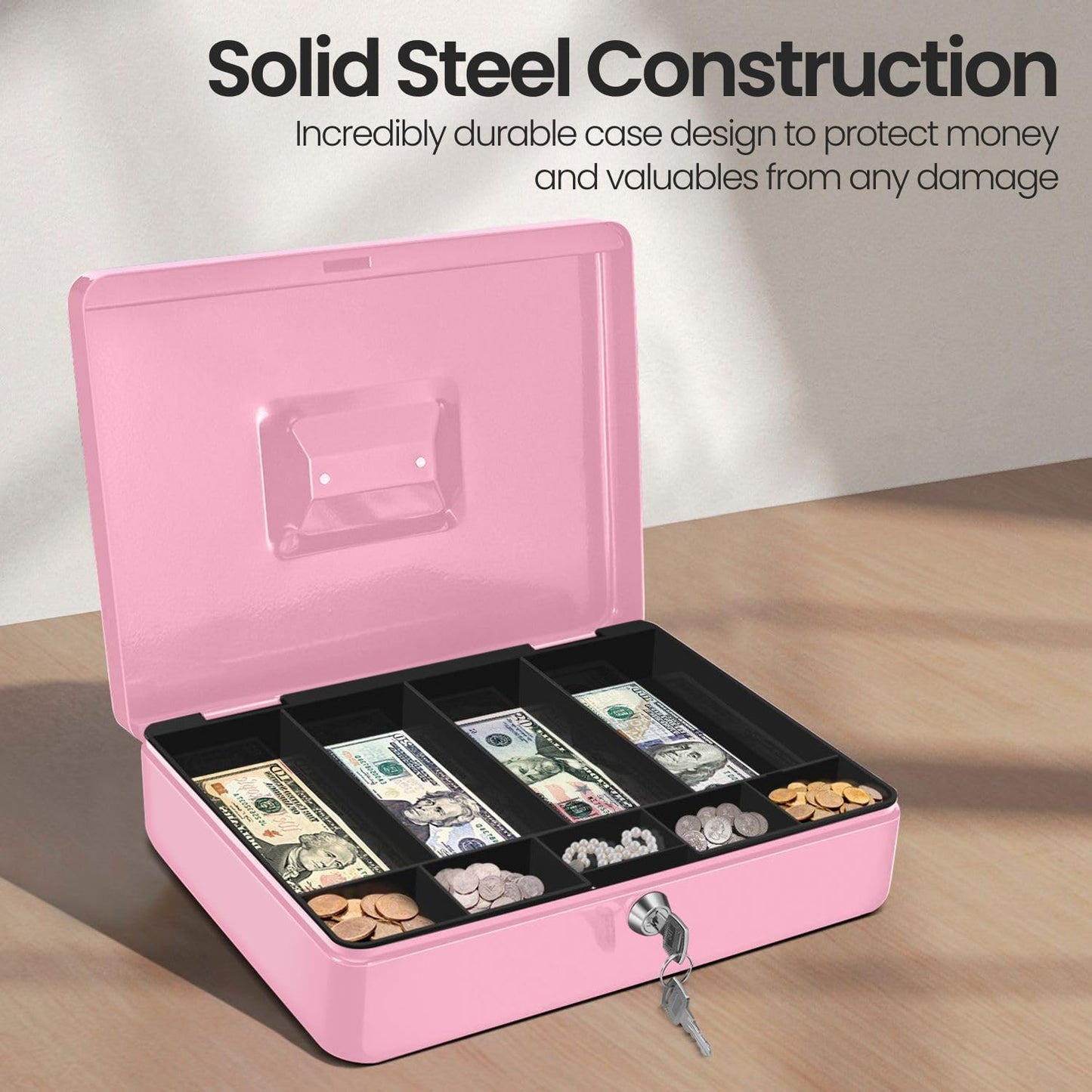 Flexzion Cash Box with Money Tray and Lock - Metal Cash Box for Small Businesses, 9-Compartment Pink Money Box with Removable Tray and Key, Portable Storage for Checks and Coins