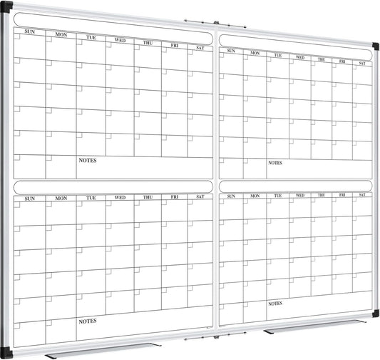 XBoard Magnetic Calendar Whiteboard 48x36 inch, 4 Month Foldable Dry Erase Board Planner, Silver Aluminium Framed White Board Calendar for Home School Office Organization