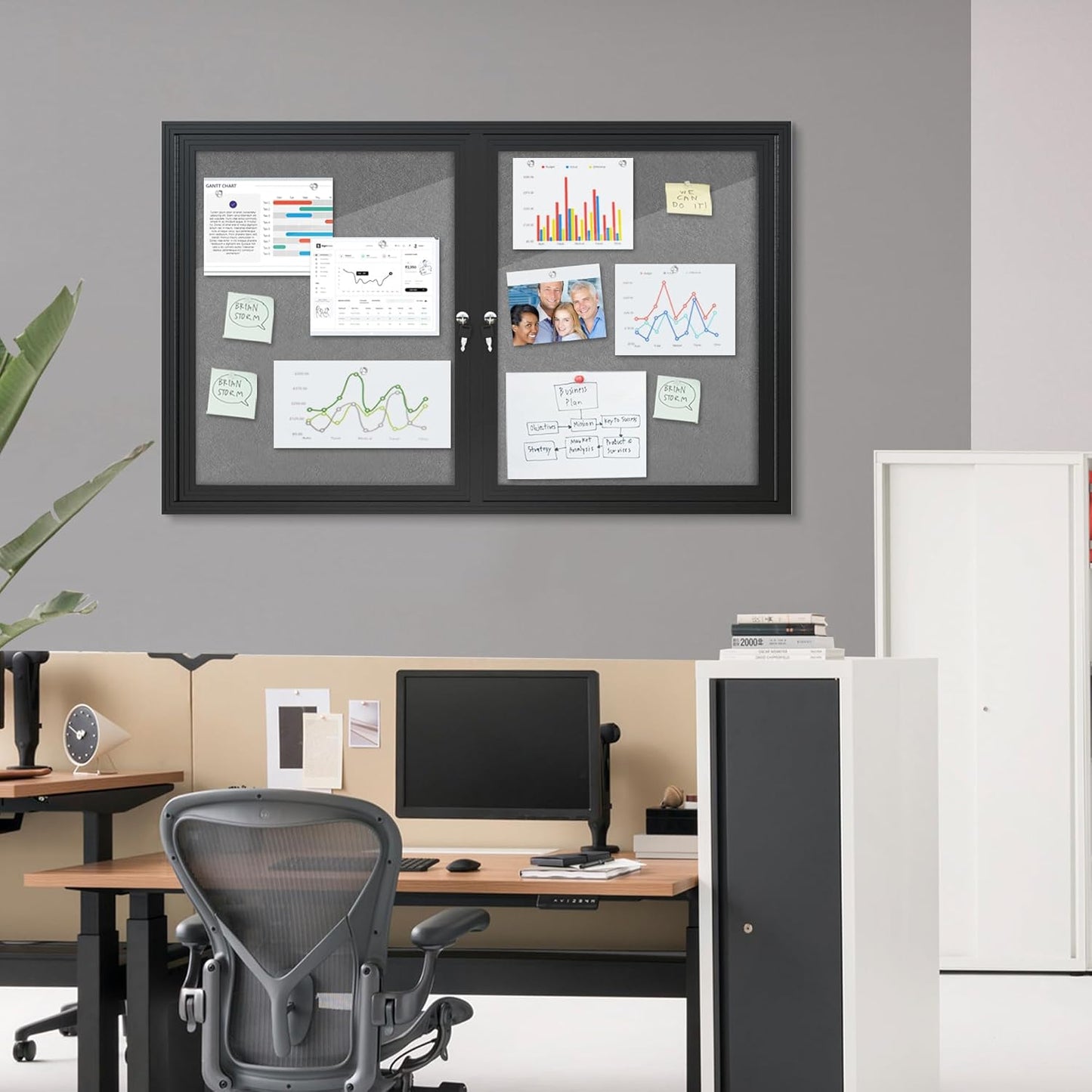 48"x30" Enclosed Bulletin Board, Outdoor Lockable Weather-Resistant Aluminum Cork Noticeboard for School & Office, Black Frame w/Grey Flet