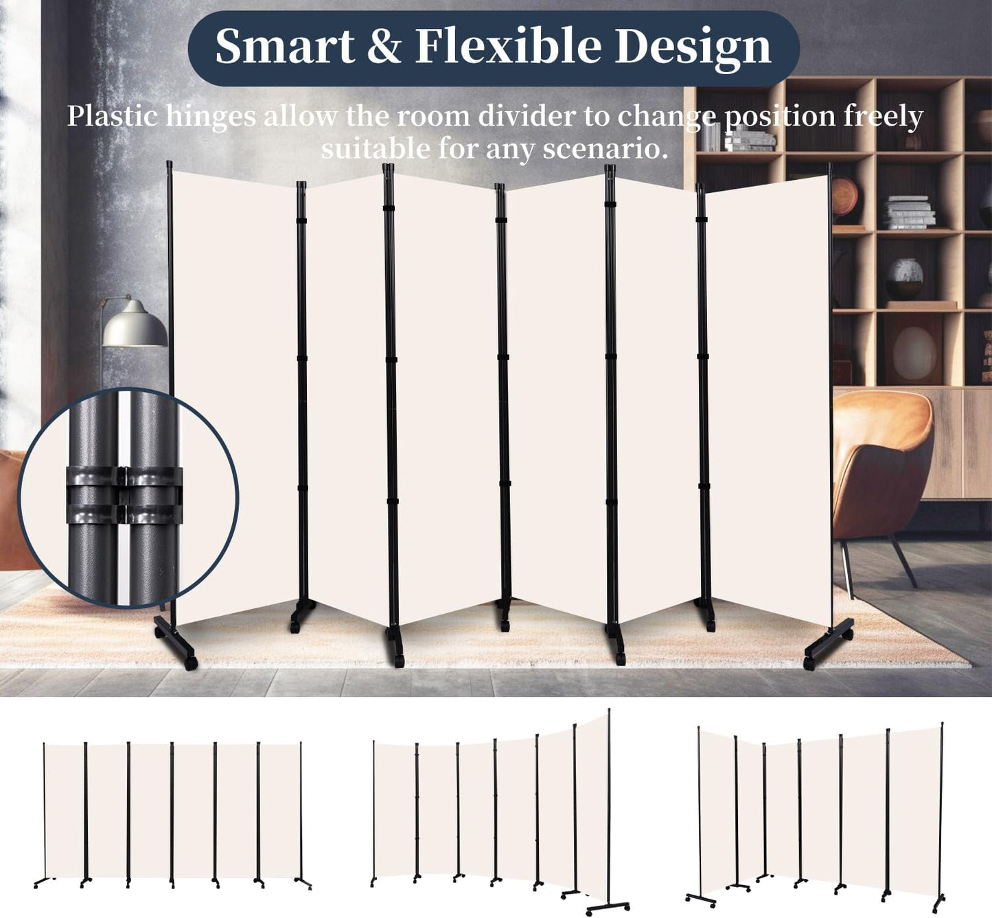 Room Divider Folding Privacy Screens with Lockable Wheels, 132'' Partition Room Dividers Freestanding Room Divider Fabric Panel for Room Separation, Wall Divider for Home Office Bedroom Dorm Decor