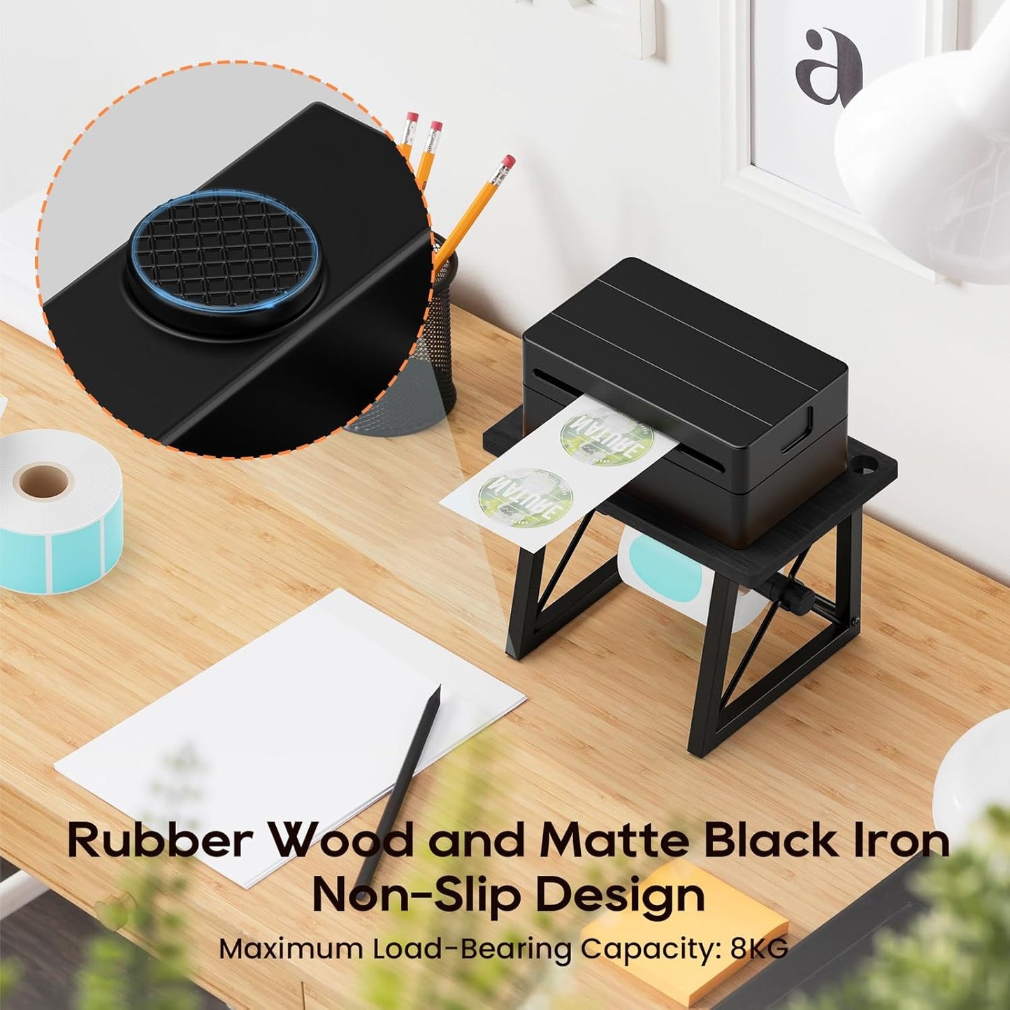 Label Holder for Rolls and Fan-fold Labels, Wooden Label Stand for Shipping Label Printer, Sticker Roll Holder Thermal Printer Accessory for Home, Office (Black)