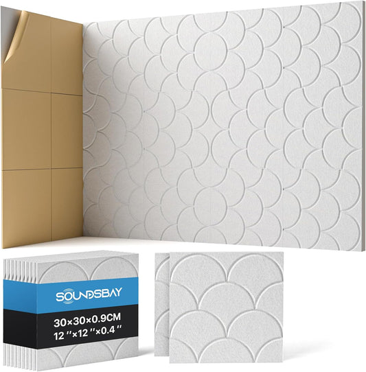 12-Pack Shell Acoustic Wall Panels Self-Adhesive, 10.6lb/ft³ High Density Sound Proof Foam Panels for Walls, 12" X 12" Soundproof Wall Panels for Door, Ceiling, Home Office, White