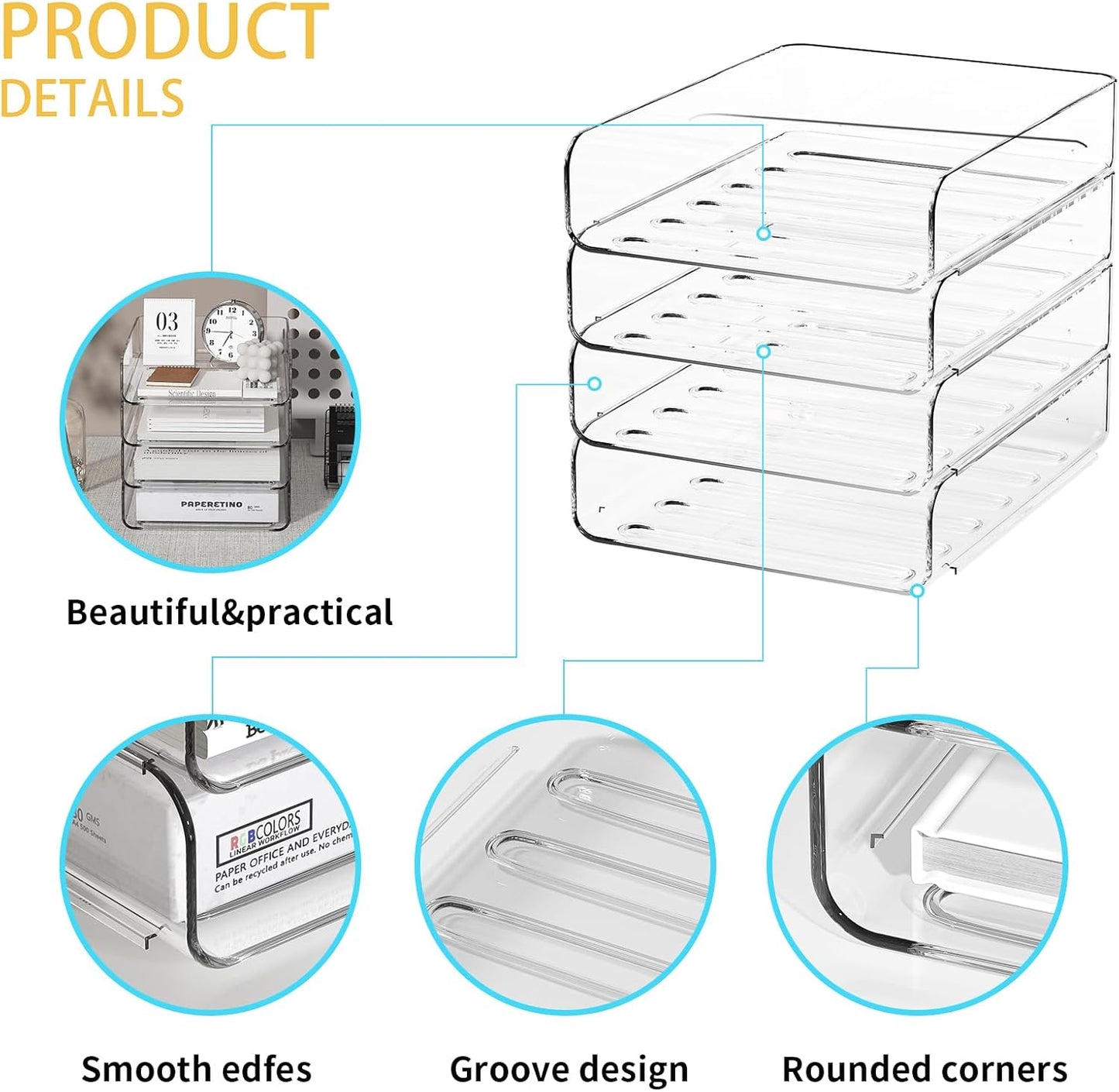 4-Tier Acrylic Paper Tray Organizer | Clear Stackable Desk Organizer for Documents, Letters, A4 Paper | Modern Office/Classroom/Home Organization