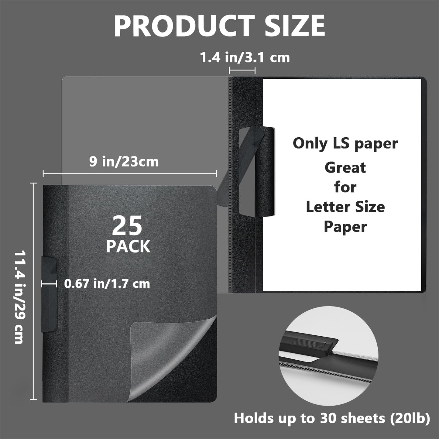TOTiyea 25 Pack Clear Report Covers with Swing Clip, File Folder with Swing Clip, 30 Sheets Capacity, Slide Locking Report Covers, Letter Size (Black, 25 Pack)