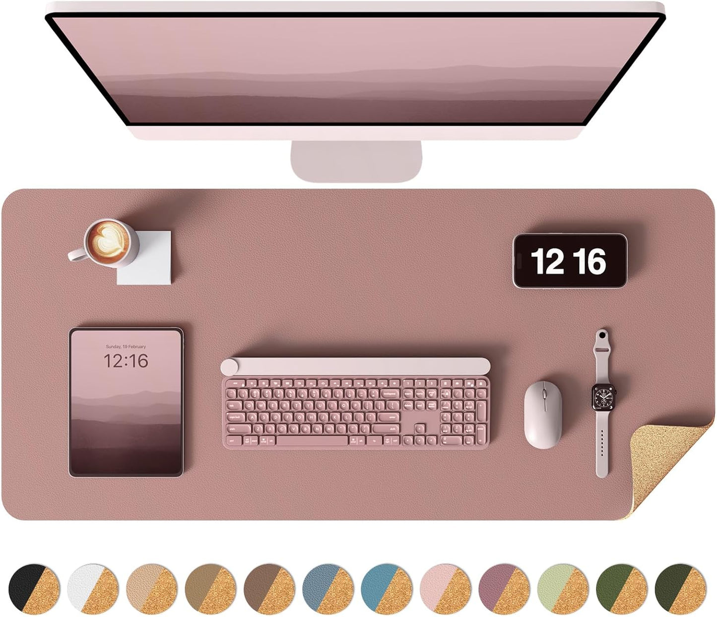 YSAGi Double-Sided Desk Pad, 31.5"x15.7" Leather Desk Mat, Eco Cork Desk Pad Protector,Large Mouse Pad,Waterproof Desk Blotter for Office/Home (Pale Mauve/Cork)