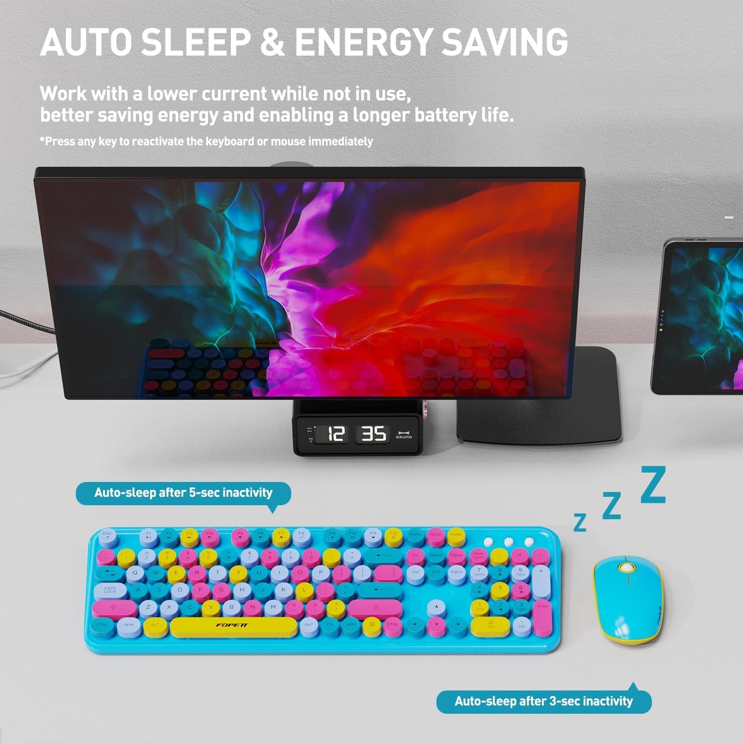 Keyboard and Mouse Wireless,Cute Retro Wireless Keyboard Mouse Combo with Round Key,2.4Ghz Dropout-Free Connection,Typewriter Wireless Keyboard Mouse Set for PC Laptop Desktop Computer-Blue Colorful