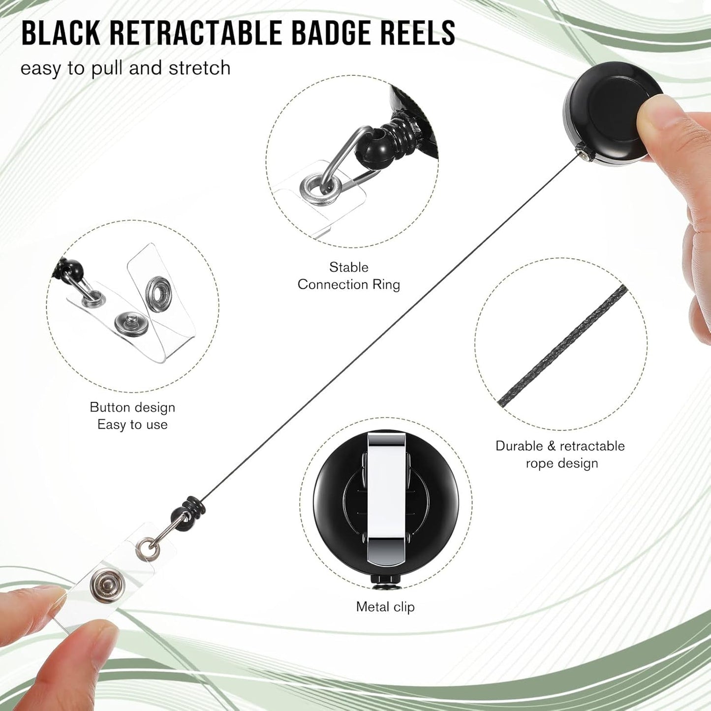 Handepo 200 Pcs Retractable Badge Reels Bulk Retractable Badge Holders with Clips ID Holder Key Ring Clip for Office Worker Students Teachers Doctor Nurse Name ID Card Holder Key Card(Black)