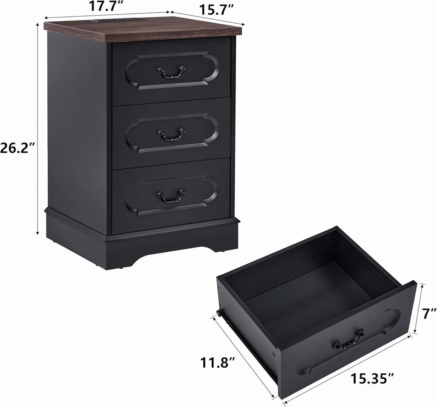 LIDYUK 3 Drawer Dresser for Bedroom Farmhouse Black Wood Chest of Drawers Bedroom Dresser with Charging Station, Rustic Small Drawers Dressers Nightstand Wooden Closet Storage Cabinet, Living Room