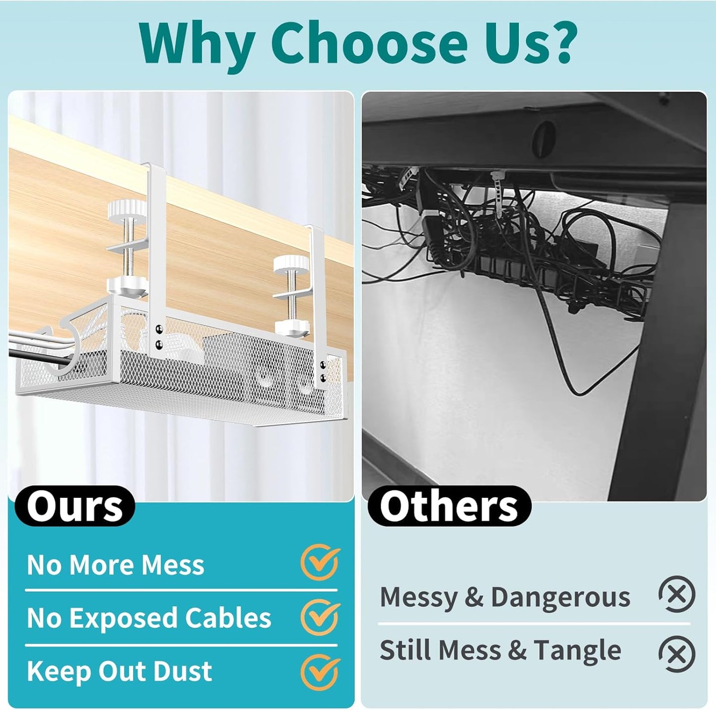 Under Desk Cable Management Tray White, No Drill Desk Cable Management Organizer with Clamp for Desk Wire Management, Desk PC Cord Organizer Accessories & Workspace Organizers for Office, Home(2 Pack)