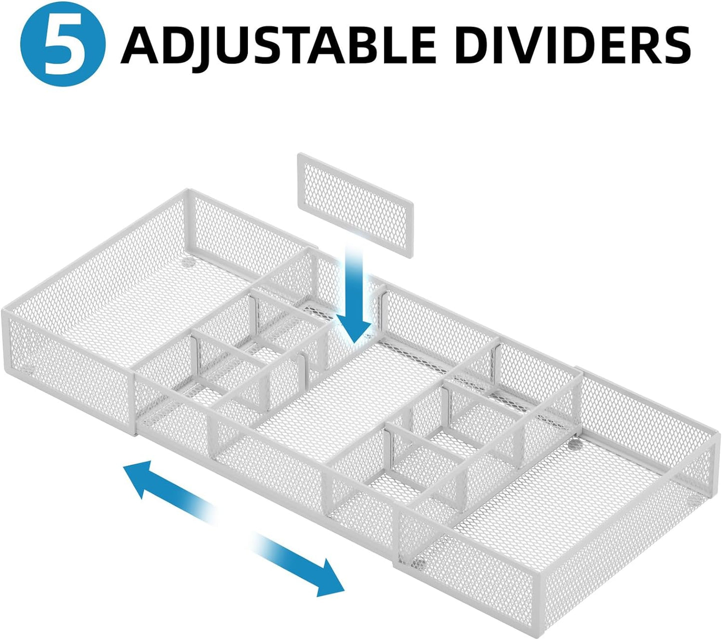 Marbrasse Expandable Desk Drawer Organizer, Mesh Drawer Organizer Tray with 10 Adjustable Compartments, Desk Organizers and Accessories for Office Supplies (Longer Expandable Drawer Organizer-W)