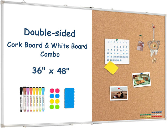 Large White Board Dry Erase Foldable Cork Board Combo, 48" x 36" Double Sided Dry Erase Board for Wall, Magnetic Whiteboard Cork Board Combination for Office, Home, School, Kitchen