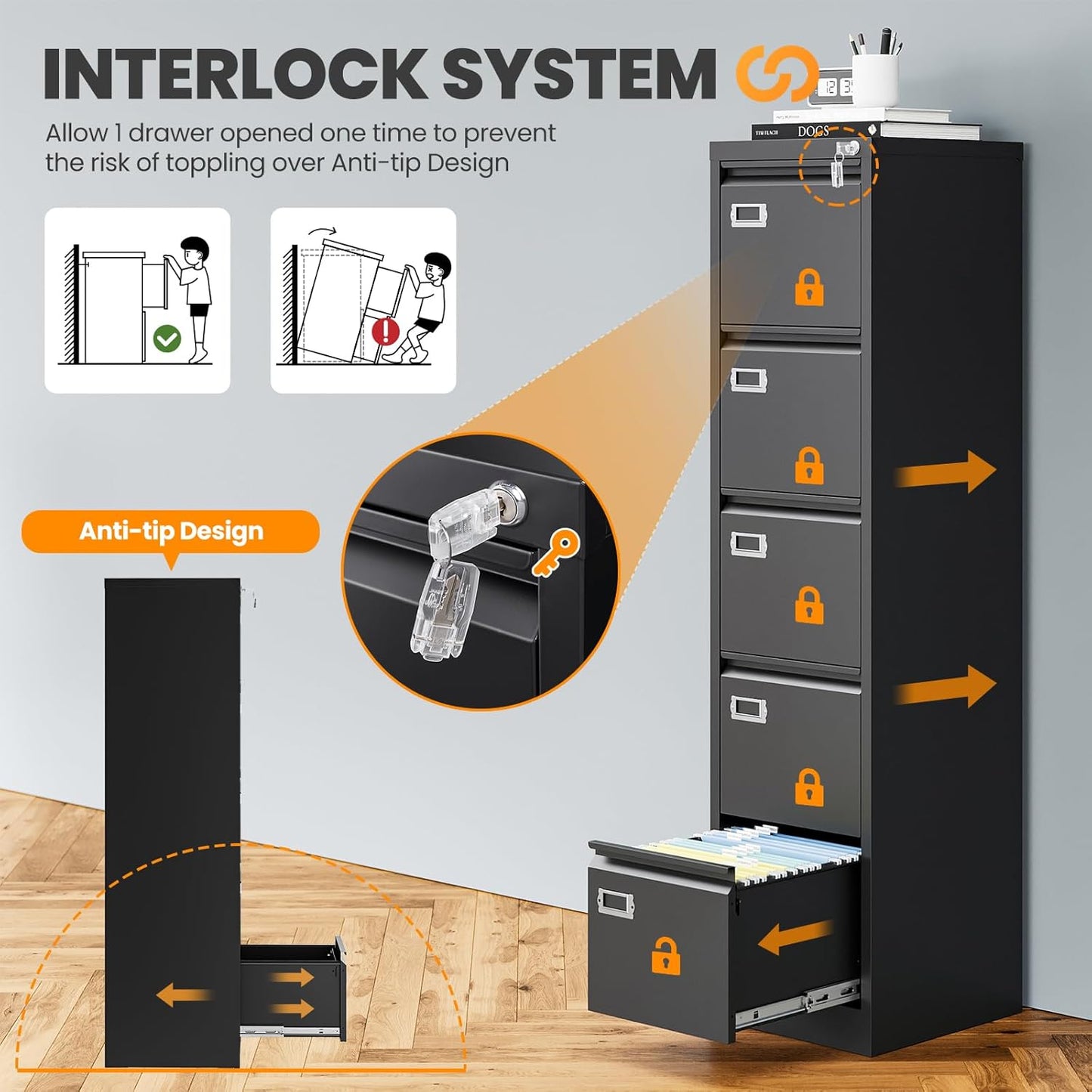 5 Drawer File Cabinet with Lock, Metal Filing Cabinets for Home Office, Vertical Black Locking File Caninet, Steel Narrow Five Drawer File Cabnet for Letter/Legal / A4 / B4- Assembly Required