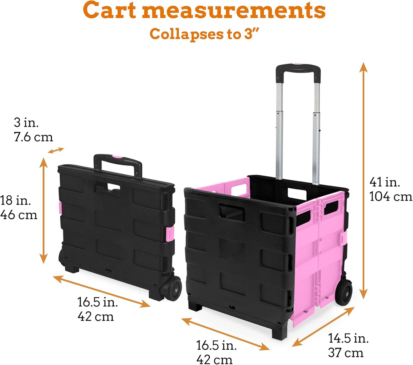 Inspired Living Ultra-Slim Rolling Collapsible Storage Pack-N-Roll Utility-carts, with Telescopic Handle, for Home, Garden, Shopping, Office, School use, Large, Pink & Black