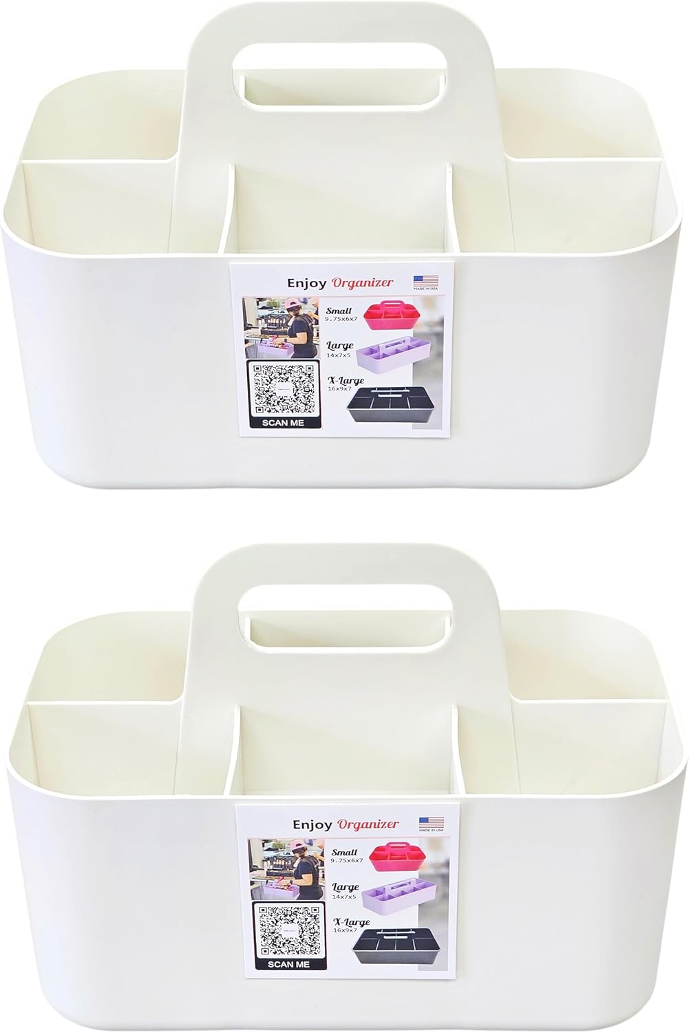 2 Pack Small 6 Compartment Multiuse Caddy Organizer with Handle Art Craft Supplies, Office, Desk, Stationery Pen Holder Stackable- Made In USA (Ivory)