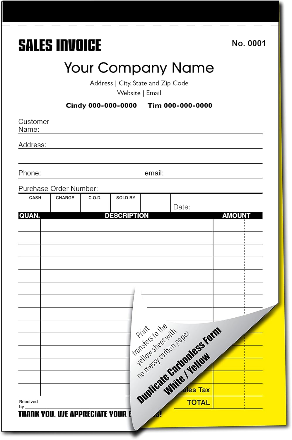 Custom Sales Invoice Personalized Duplicate Carbonless Form with Your Company Name - 2 Books (100 Sets) Numbered