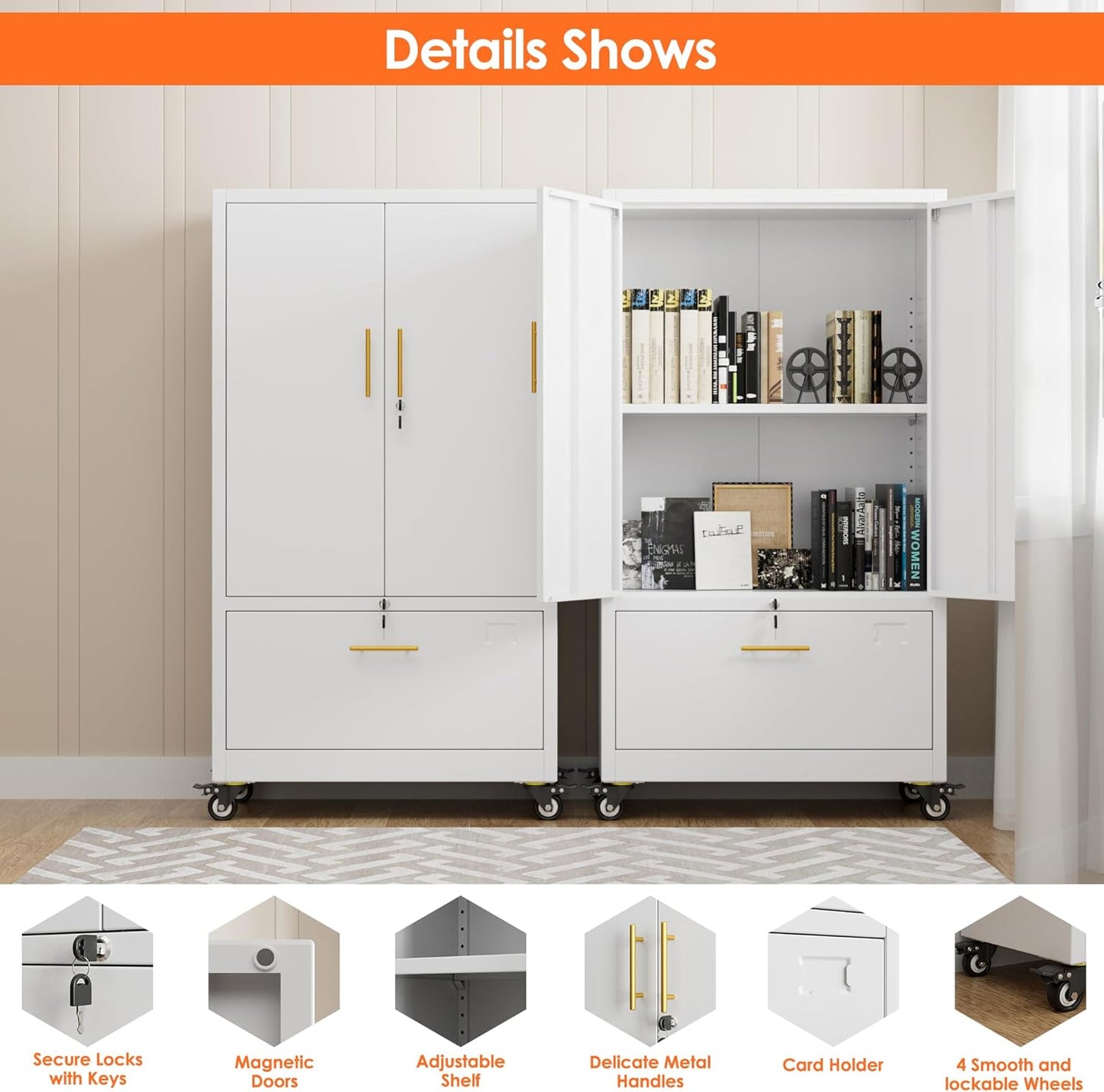 Aobabo Metal 1 Drawer Office File Cabinet with Lock and 2 Doors, Office Steel Files Cabinet with Wheels, Legal/Letter A4 Size, Assembly Required, White