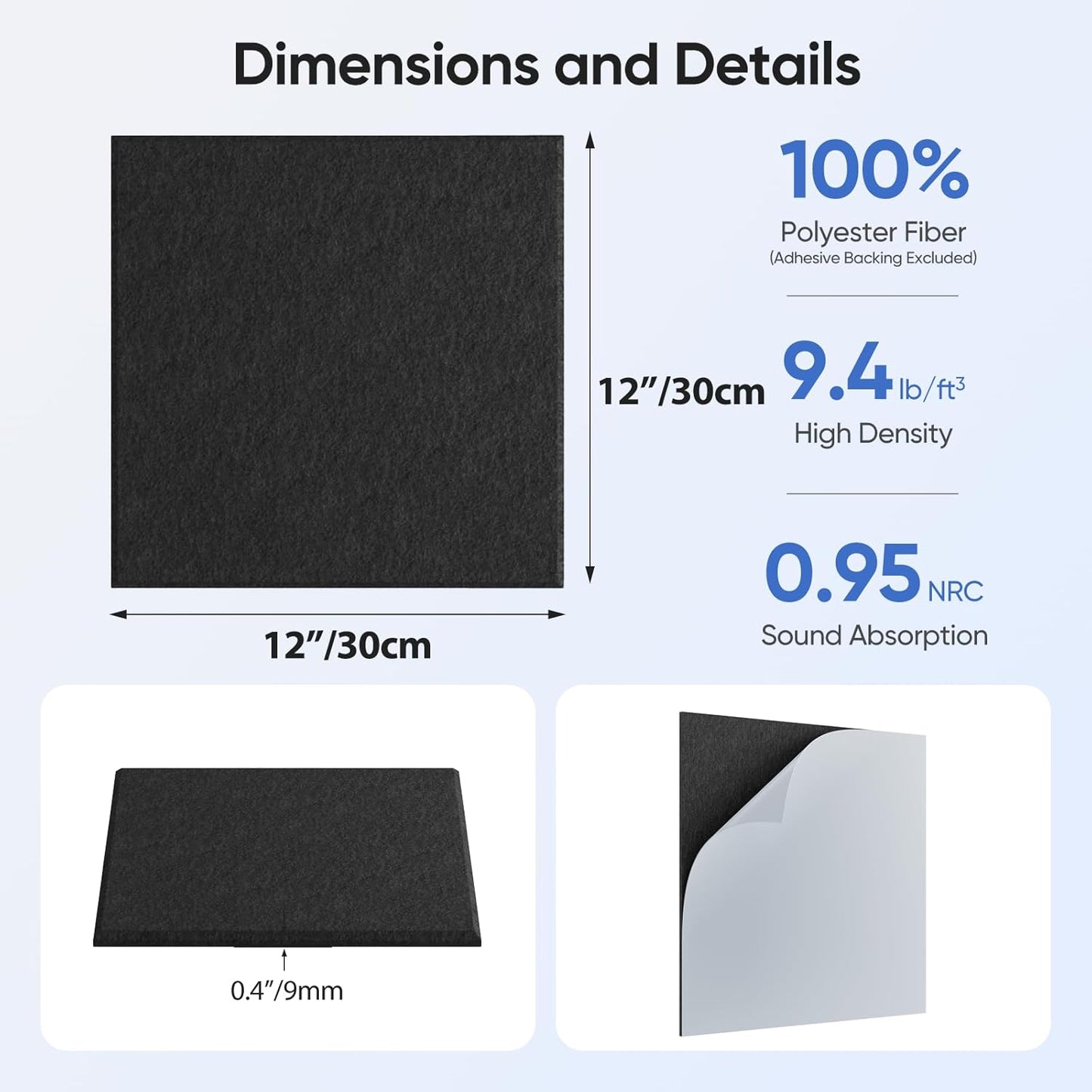 12 Pack 12" X 12" X 0.4" Acoustic Panels for Wall Sound Absorbing, Square Self-Adhesive Sound Panels, High Density Suitable for Multiple Scenarios(Black)