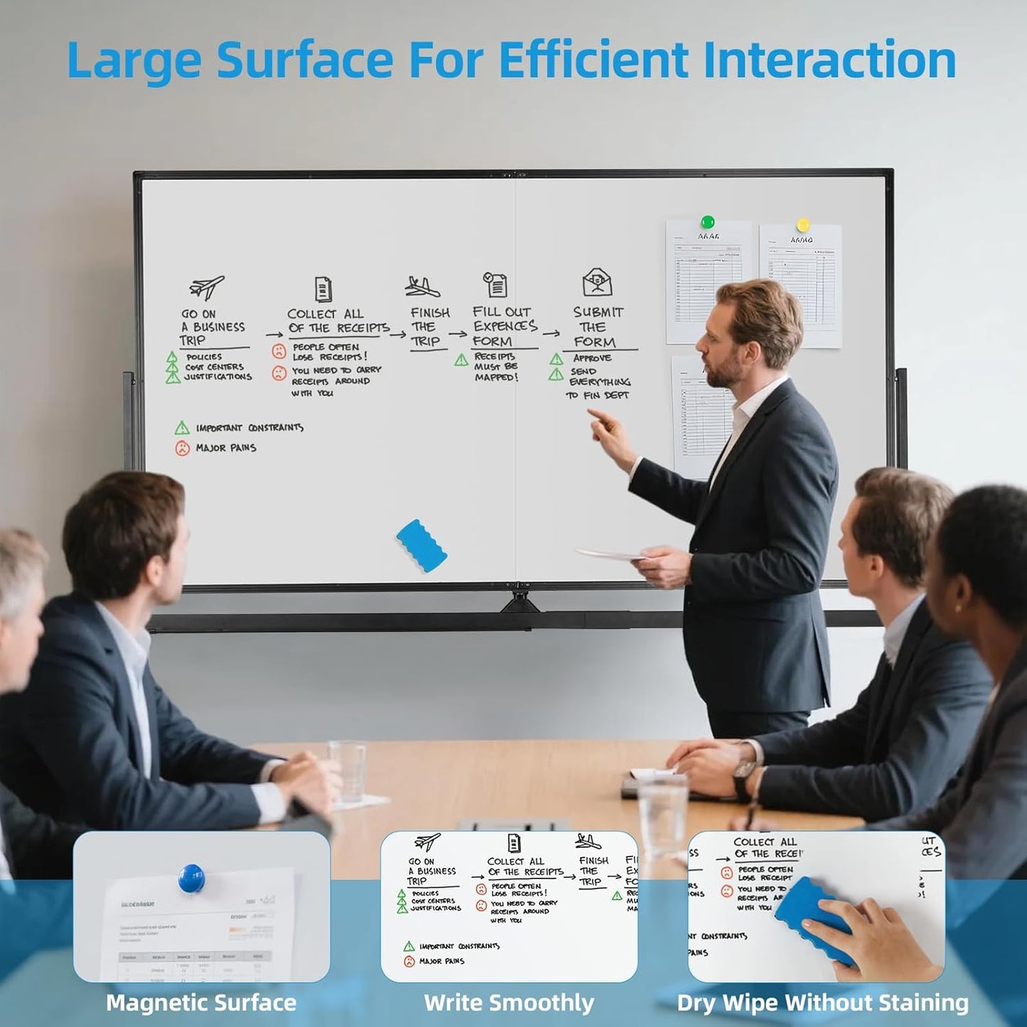 VOWNER Double-Sided Magnetic Whiteboard, 72" x 40" Large Mobile Dry Erase Board, Reversible Rolling White Board with Aluminum Frame & Stand, for Home Office, Classroom, School, Black