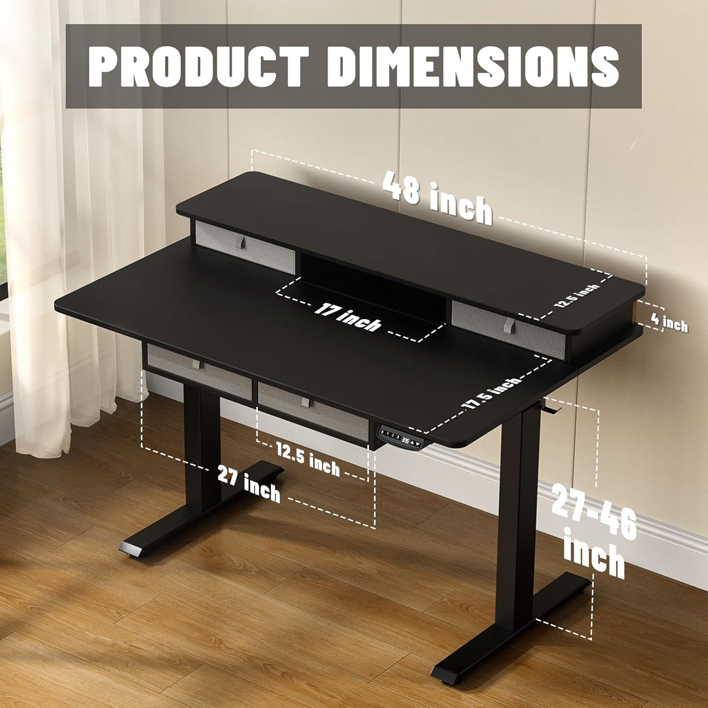 48 * 30 Inches Electric Standing Widened Desk Adjustable Height with 4 Drawers, Double Storage Shelves, Home Office Workstation Sit Stand up Desk (Classical Black)