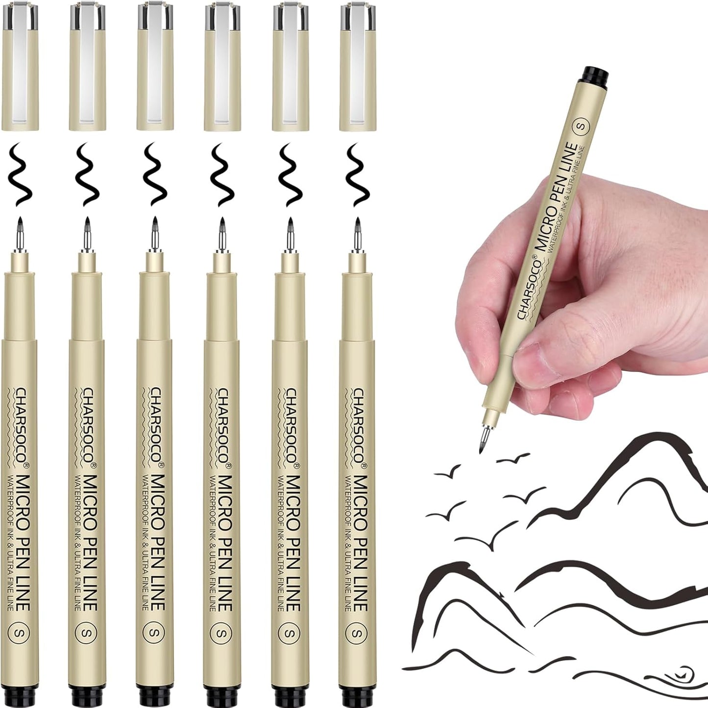 S Micro Pen, 6 Pack Black Fine Point Pen with Waterproof Archival Ink, 2mm Fineliner Ink Pens for Artist Illustration, Sketching, Anime, Manga, Technical Drawing and Scrapbooking