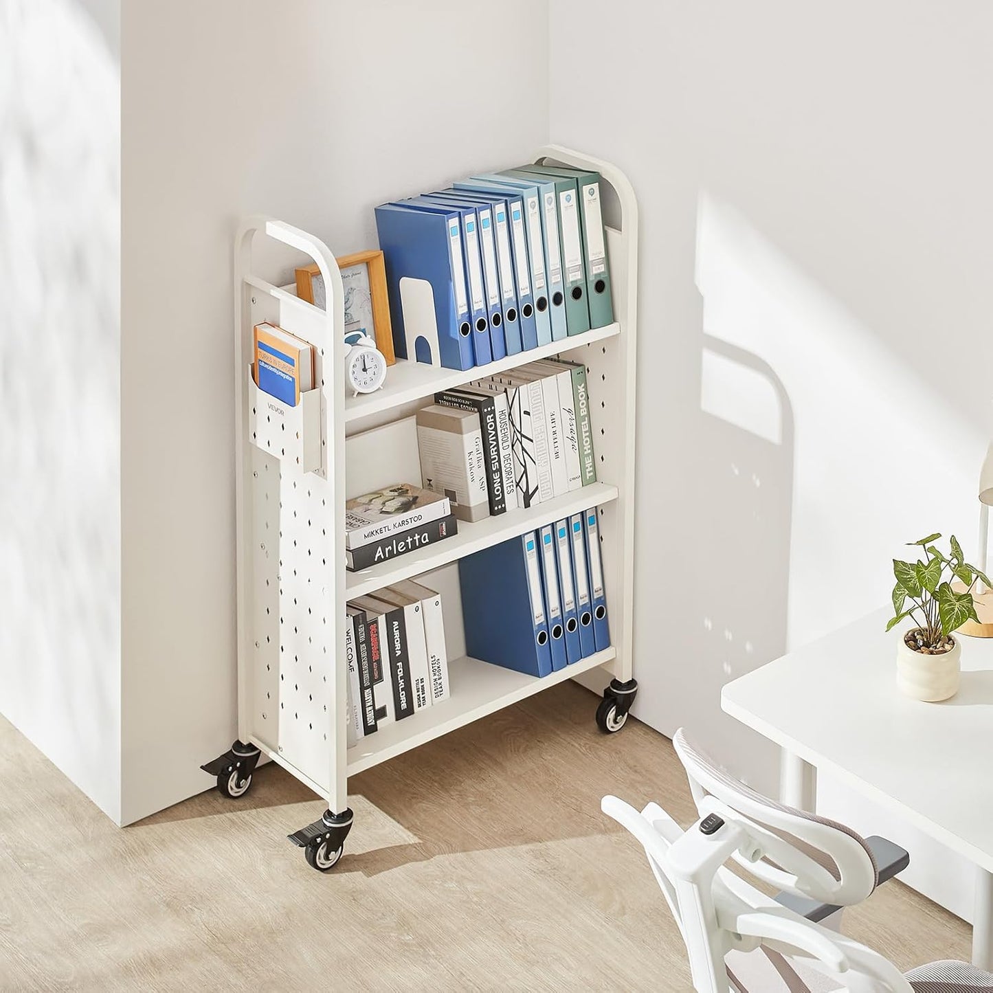 VEVOR Rolling Library Book Cart, 330 lbs Capacity, 30.3 x 15 x 48.0-Inch Library Cart, Single Sided V-Shaped Shelves with 3-Inch Lockable Wheels, Book Truck for Home Shelves Office and School, White