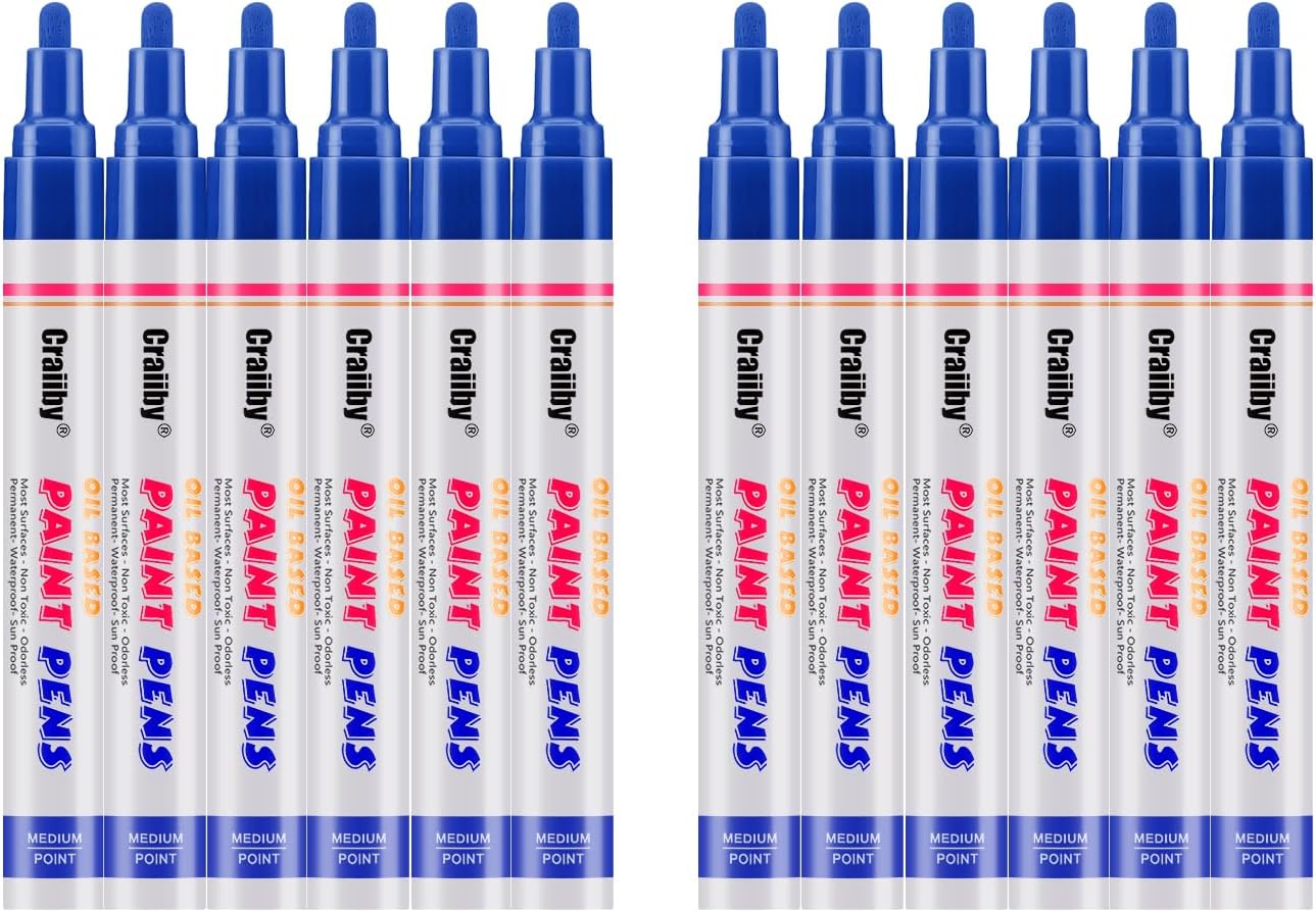 Blue Paint Markers, 12 Pack Oil-Based Waterproof Quick Dry Permanent Paint Pen Set for Rocks Painting, Wood, Fabric, Plastic, Canvas, Glass, Mugs, Metal, Tire, Stone, DIY Craft