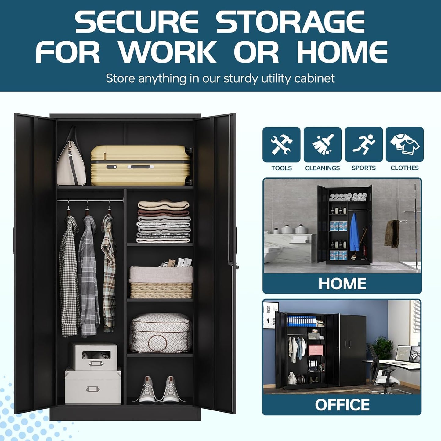 MIIIKO Steel Cabinet Wardrobe, Metal Locker Cabinet with Hanging Rod, Metal Clothing Locker Storage for Home, Office, Garage and Changing Room