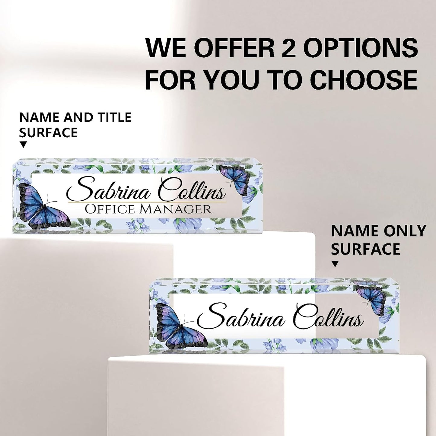 Name Plate for Desk, Desk Name Plate Personalized, Office Decor for Women Men, Acrylic Desktop Accessories, Office Appreciation Gifts for Boss Social Workers Nurse Teacher Employee (Blue Butterfly)