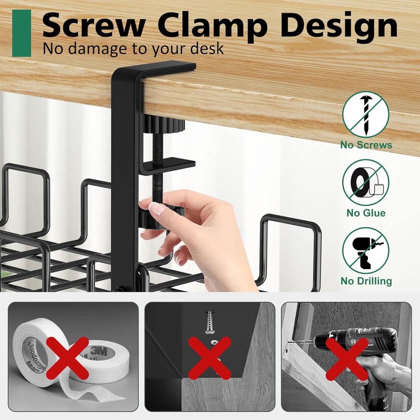 REFLYING Under Desk Cable Management Tray, L 15.7'' W 6.3'' No Drill Steel Desk Cable Organizers, Wire Management Tray