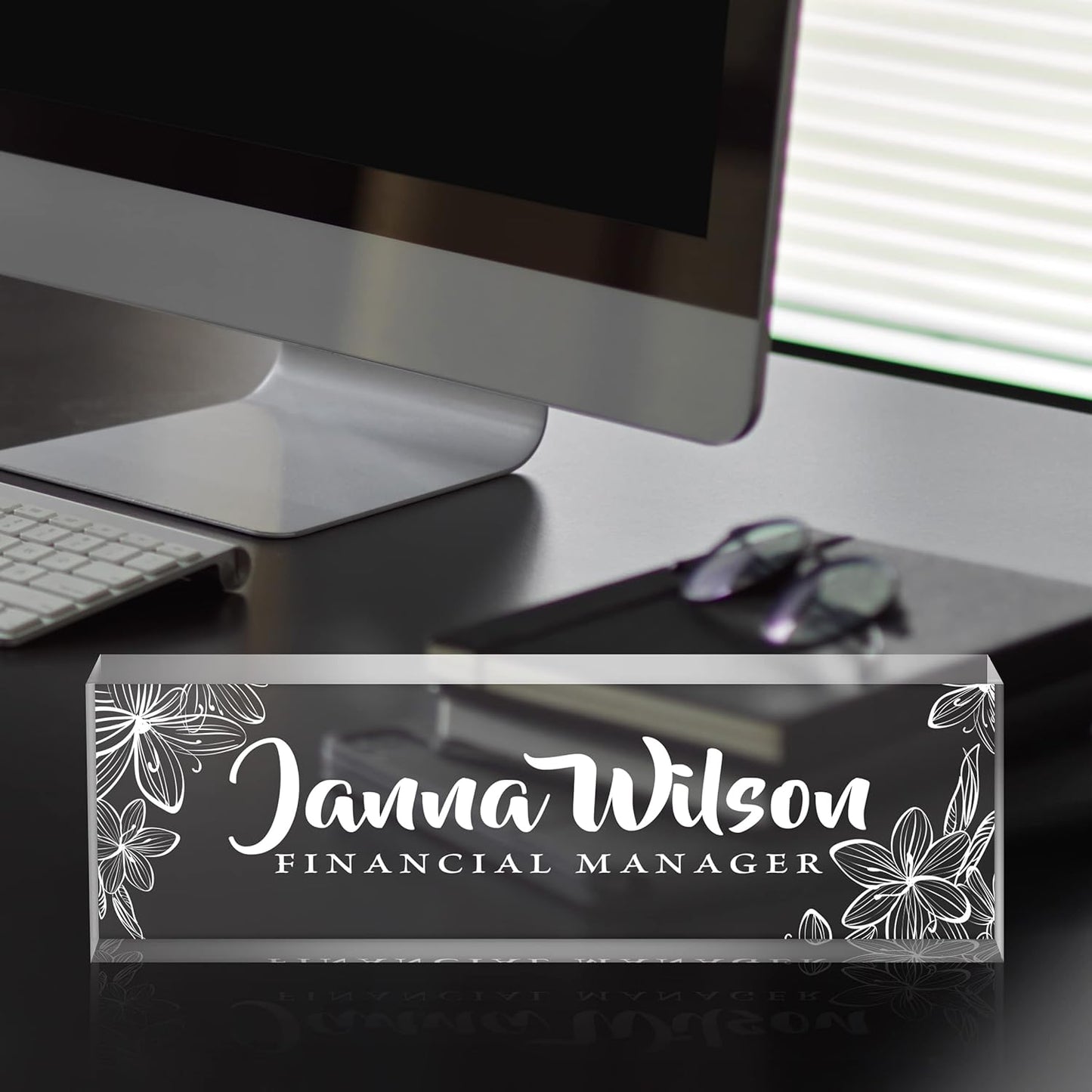 Name Plate for Desk, Premium Clear Plates Engraved Acrylic Desk Name Plate, Desk Name Plate Personalized, Custom Office Decor for Women or Men Coworkers, Boss, Employee, Teacher (Engraved 1)