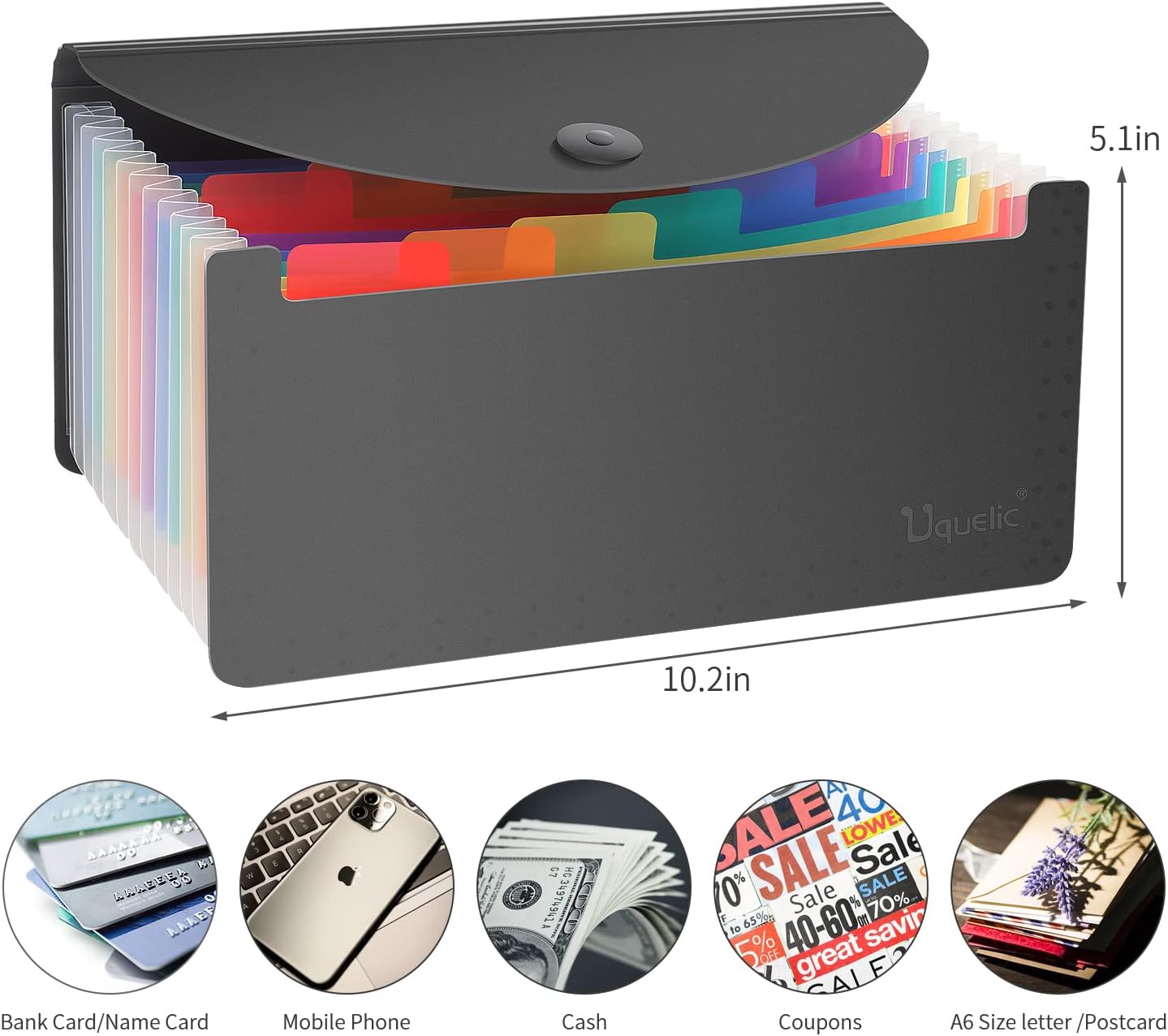 Uquelic Stand Receipt Organizer Folder - 13 Pockets Expanding Coupons Storage/Rainbow Large Capacity Bill Organizer for Desk with Label, in Case I Go Missing Binder Organizer (Black)