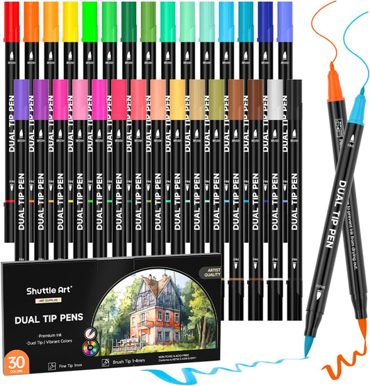 Shuttle Art Dual Tip Brush Marker Pens, 30 Colors Dual Tip Calligraphy Pens Fine and Brush Tip Markers Set, Water-based Ink Perfect for Kids Adult Artist Calligraphy Journal Doodling Writing