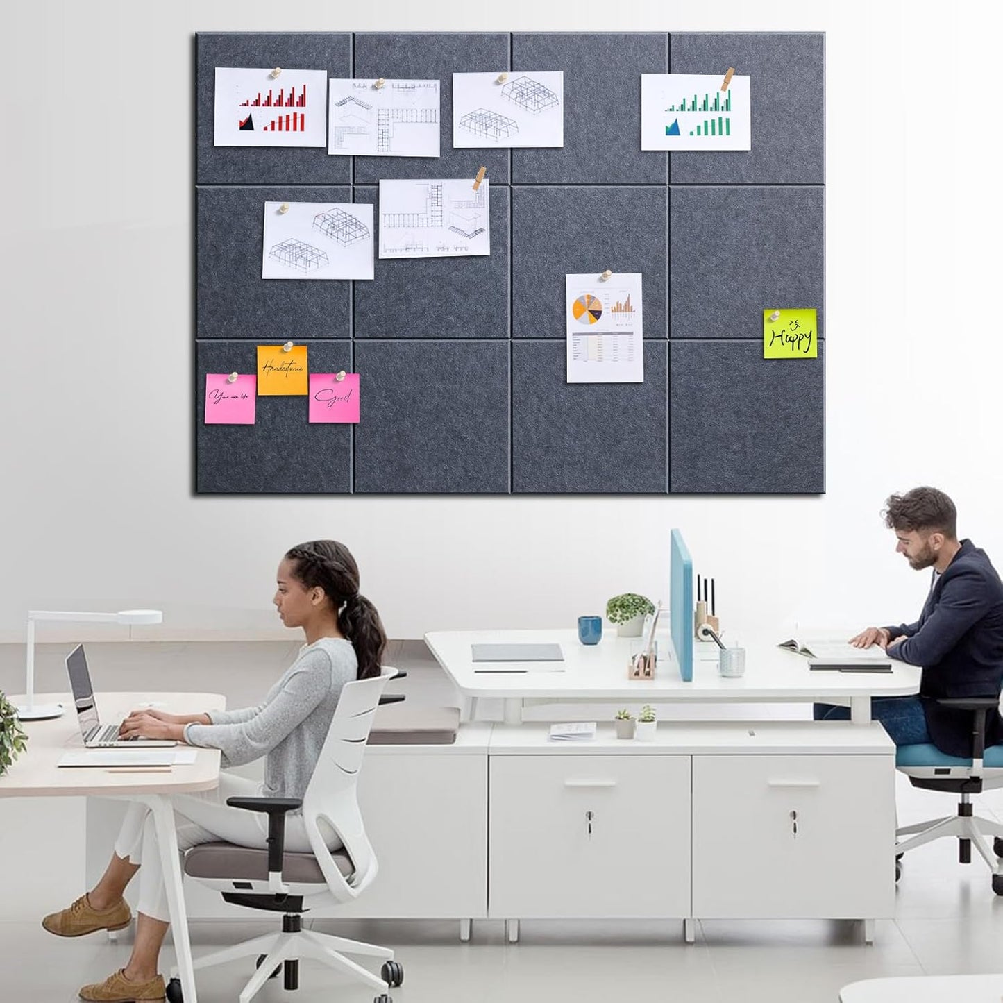 Large Cork Bulletin Board - 48" x 36" Cork Board for Walls - 12 Pack Felt Wall Tiles with Safe Removable Adhesive Tabs - Bulletinboard for Office Classroom Home Decor - Drak Grey