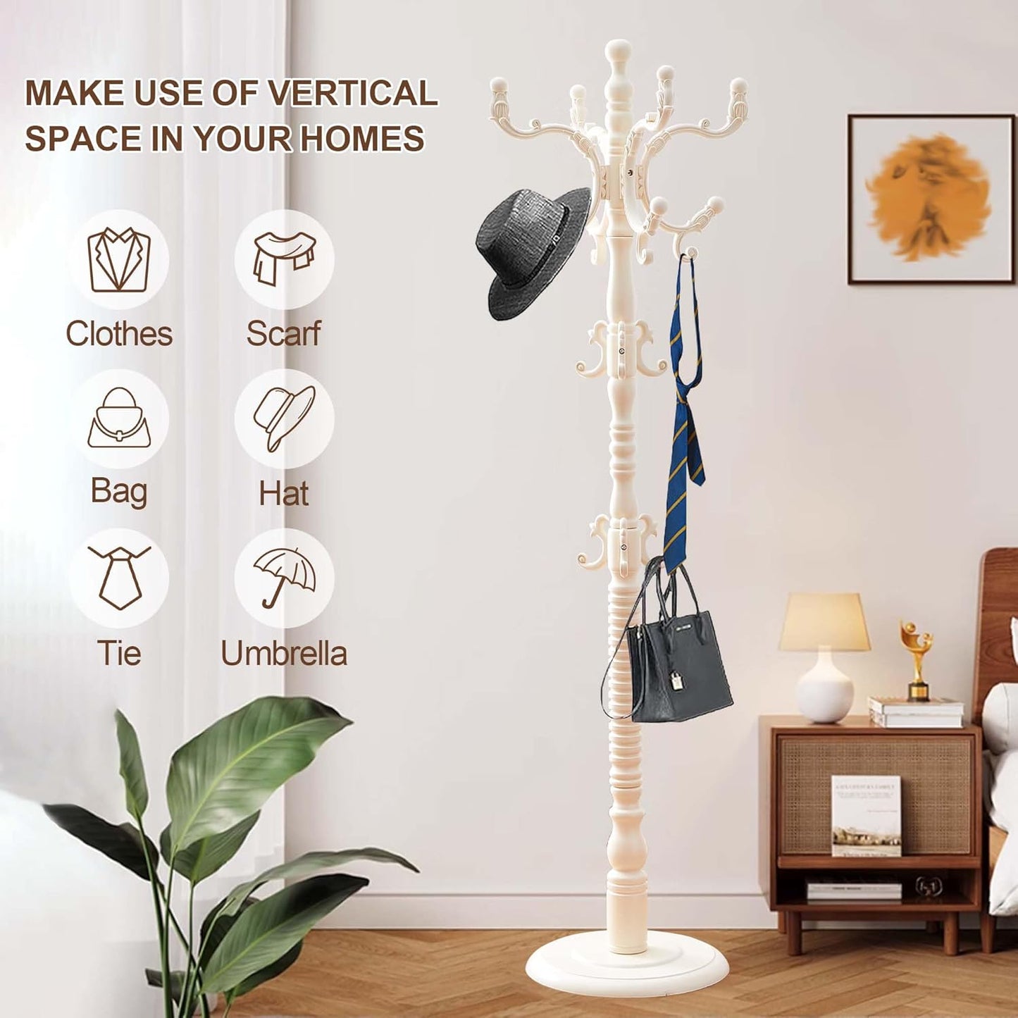 Solid Wood Coat Rack Stand with 18 Hooks, Vintage Coat Rack Freestanding with Heavy Duty Base, 3 Adjustable Height Coat Hanger Stand Hall Tree Fits Entryway Bedroom Office for Coat,Bag,Hat