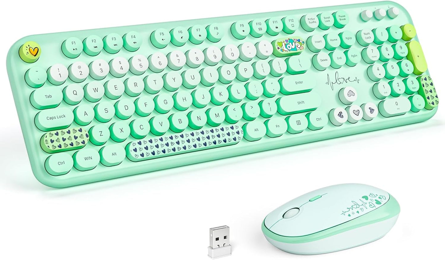MOFII Wireless Keyboard and Mouse Combo, Full Size 2.4G Plug and Play Typewriter Retro Round Computer Keyboard and Mouse Set for Windows, Computer, Desktop, PC, Notebook - (Green Colorful)