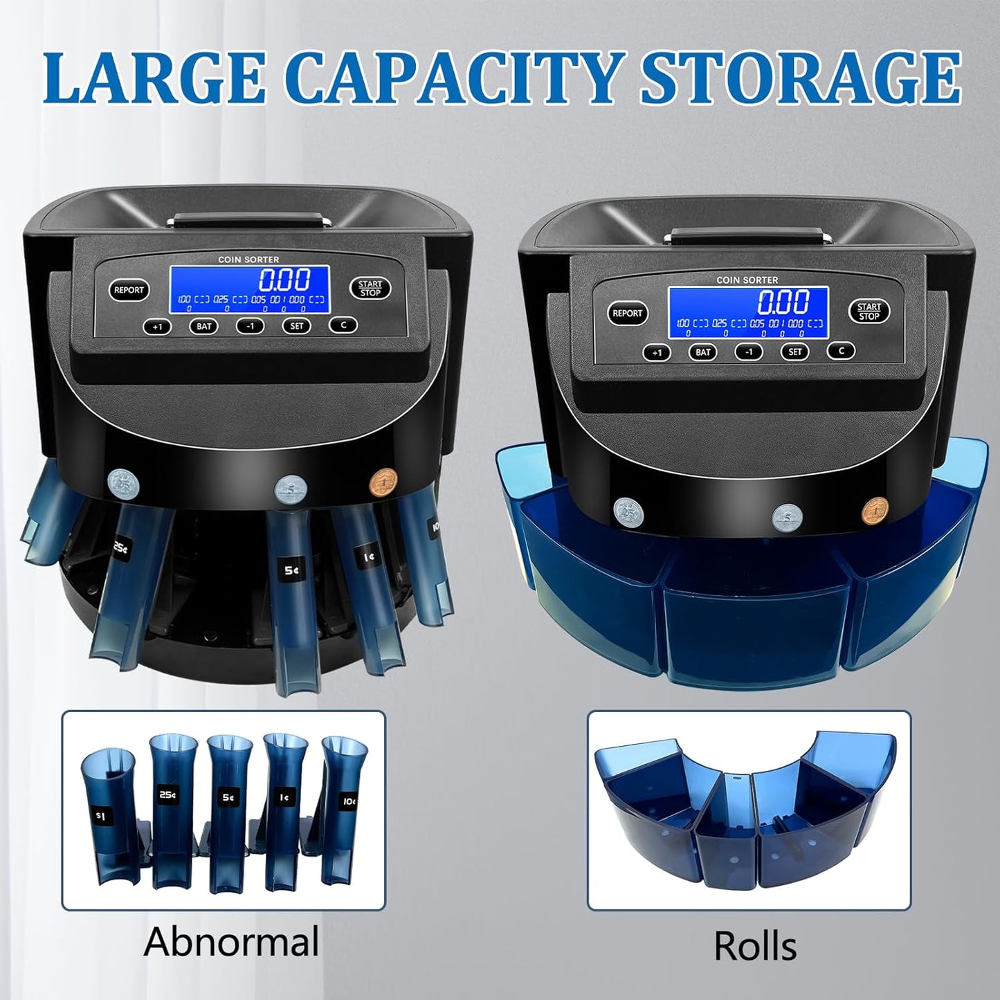 Coin Counter, USD Coin Sorter 270 Coins/Minute, 2000 Coins Capacity Automatic Electric Change Counter with LCD Display, can sort ¢1 ¢5 ¢10 ¢25 $1 Coins