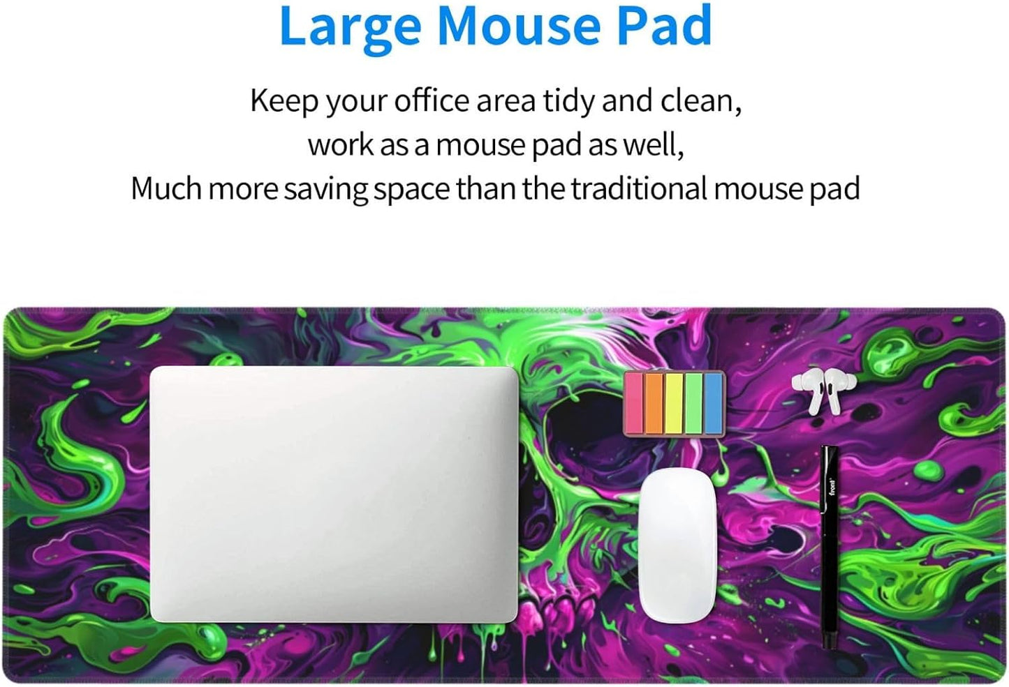 Gaming Mouse Pad Desk Pad,Extended Big Mouse Pad,31.5x11.8 Inch Long Computer Keyboard Mouse Mat Mousepad with 3mm Non-Slip Base and Stitched Edge for Gaming and Office… (Watercolor Skull 2)