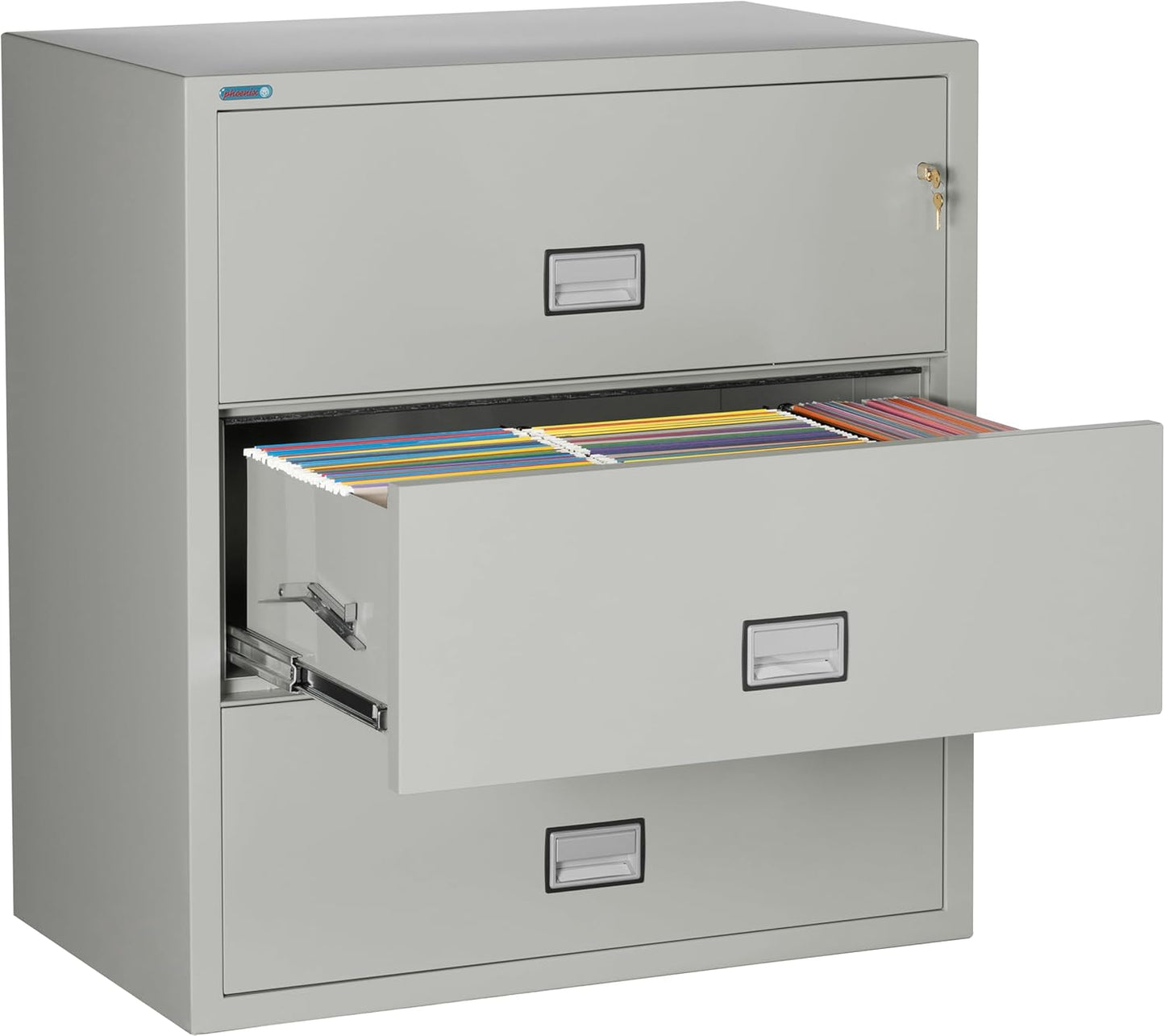 38 inch Wide 3-Drawer Lateral Fireproof File Cabinet – Legal and Letter Size Filing – Key Lock – Water Resistant – Fire Safe and Impact Rated – Light Gray Finish – Model LAT3W38LG