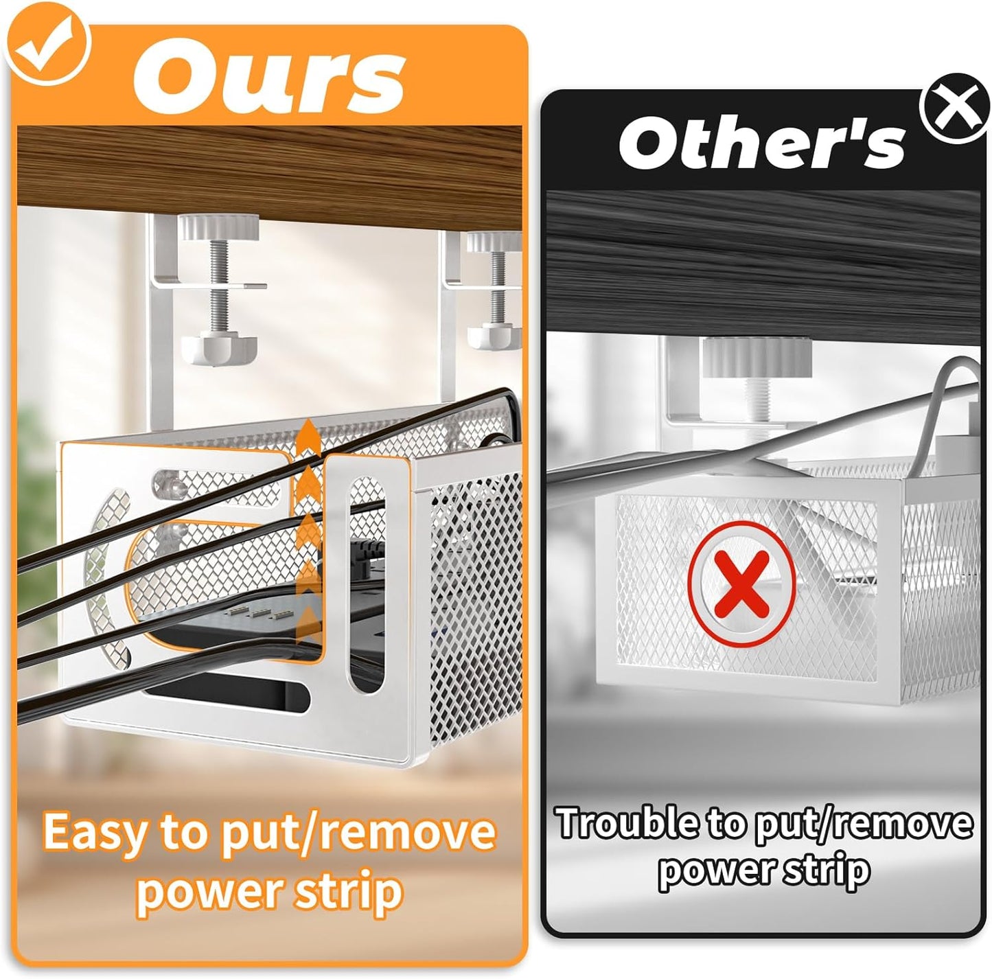 Under Desk Cable Management Tray, 15.7'' No Drill Steel Desk Cable Organizers, Wire Management Tray Cable Management Rack (2 Packs-White)