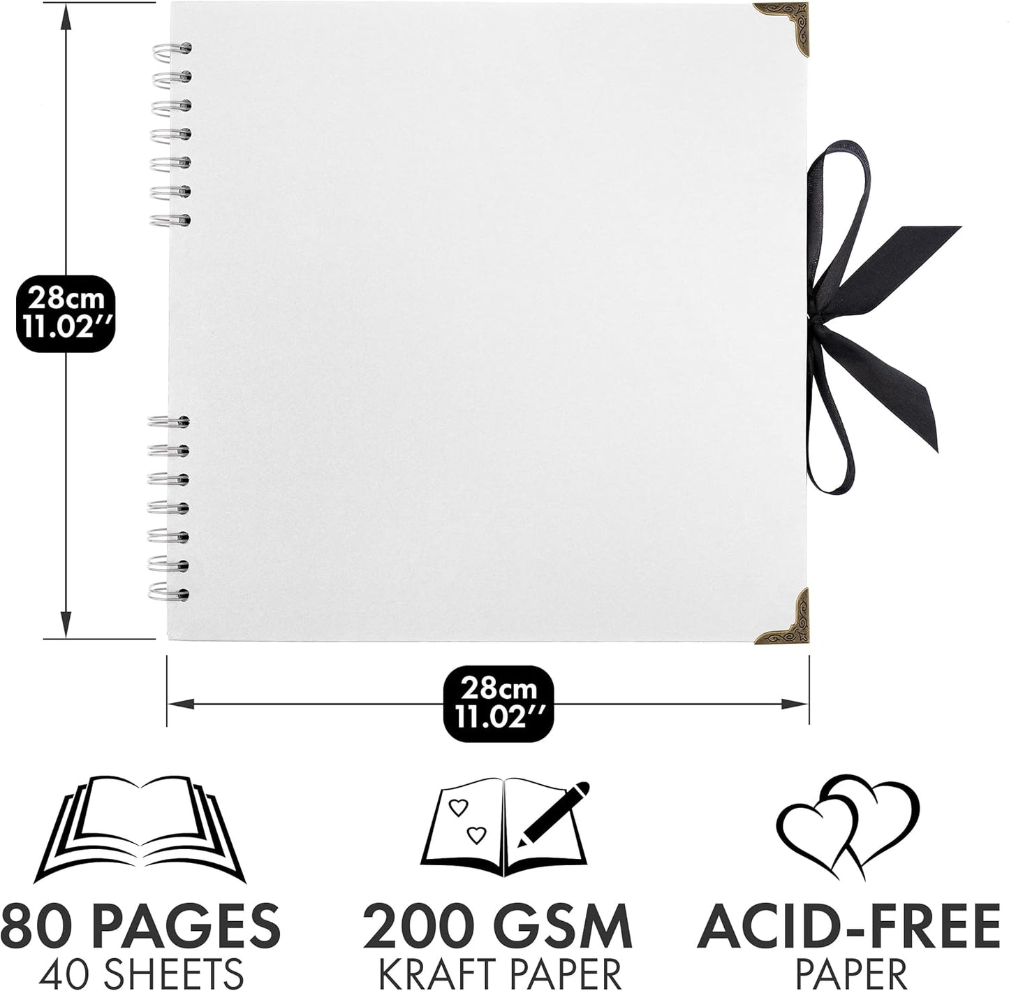 Bstorify Square Scrapbook Photo Albums 80 Pages (28 x 28 cm) White Thick Paper, Hardcover, Metal Corners, Ribbon Closure - Ideal for Your Scrapbooking Albums, Art & Craft Projects