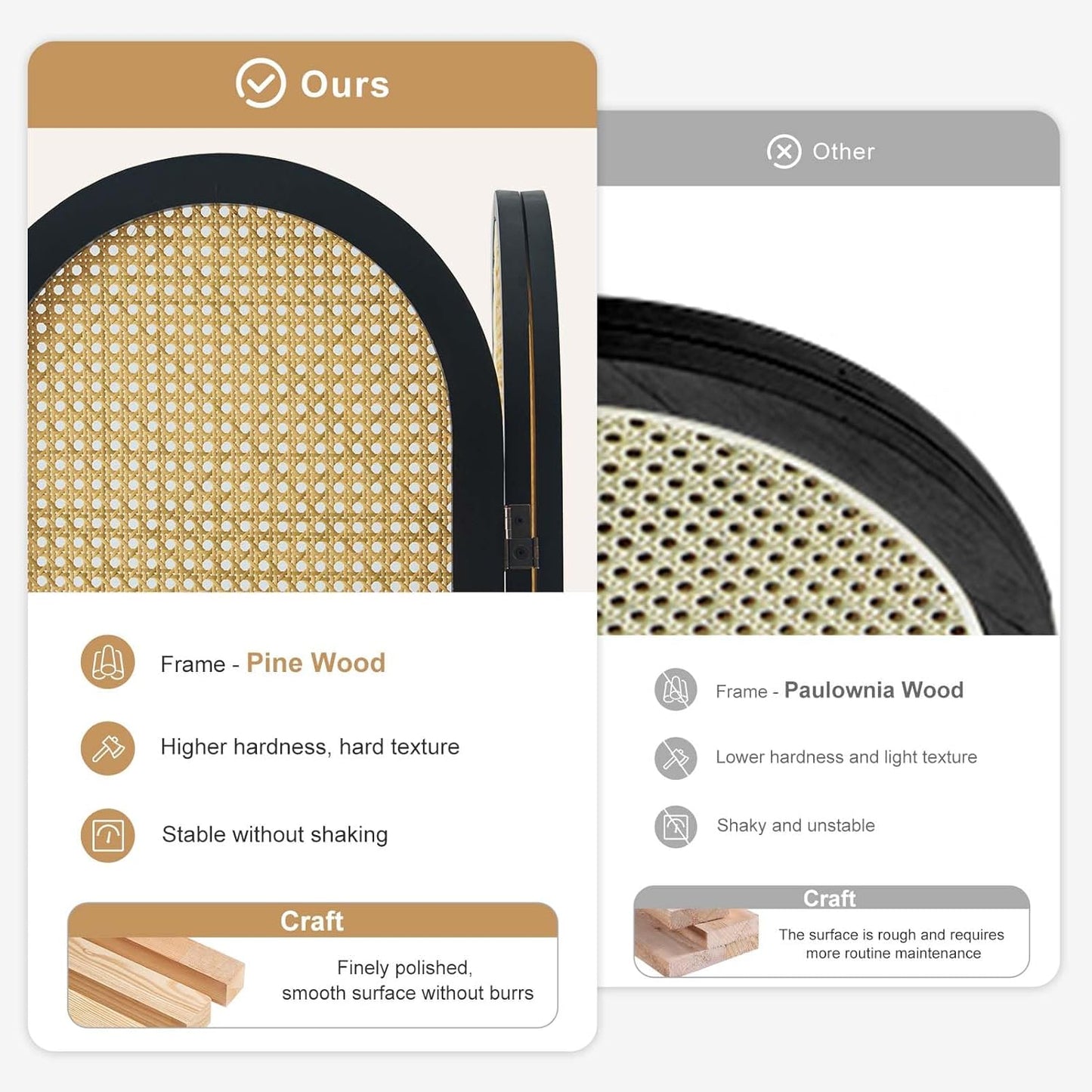 Room Dividers and Folding Privacy Screens, 5.6 Ft Double Hinged Rattan Partition Freestanding Wall Room Divider for Home - 6 Panels (Black)