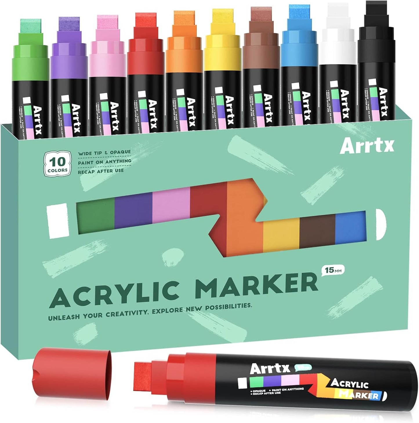 Arrtx 10-Piece Jumbo Acrylic Paint Markers, 15mm Felt Tip, Waterproof, Odorless, Non-Toxic, Multi-Surface Art Supplies for Rock Painting, DIY Crafts Making
