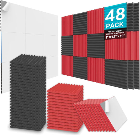 JBER 48 Pack Acoustic Foam Panels, 1" X 12" X 12" Upgraded Self-Adhesive Studio Soundproofing Wedges Fire Resistant Sound Proof Padding Acoustic Treatment Foam - Black & Red