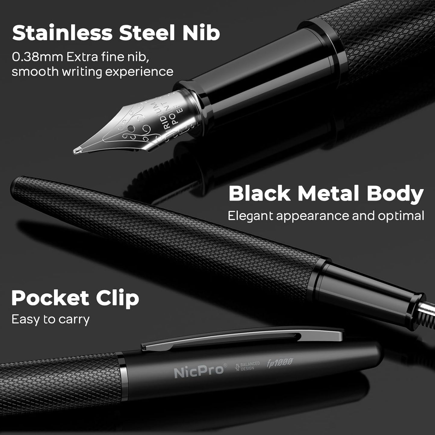 Nicpro Fountain Pen Set with Box, Classic Black Fancy Pen with Converter, 0.5mm Fine Nib Smooth Writing Calligraphy, Luxury Gift Pen