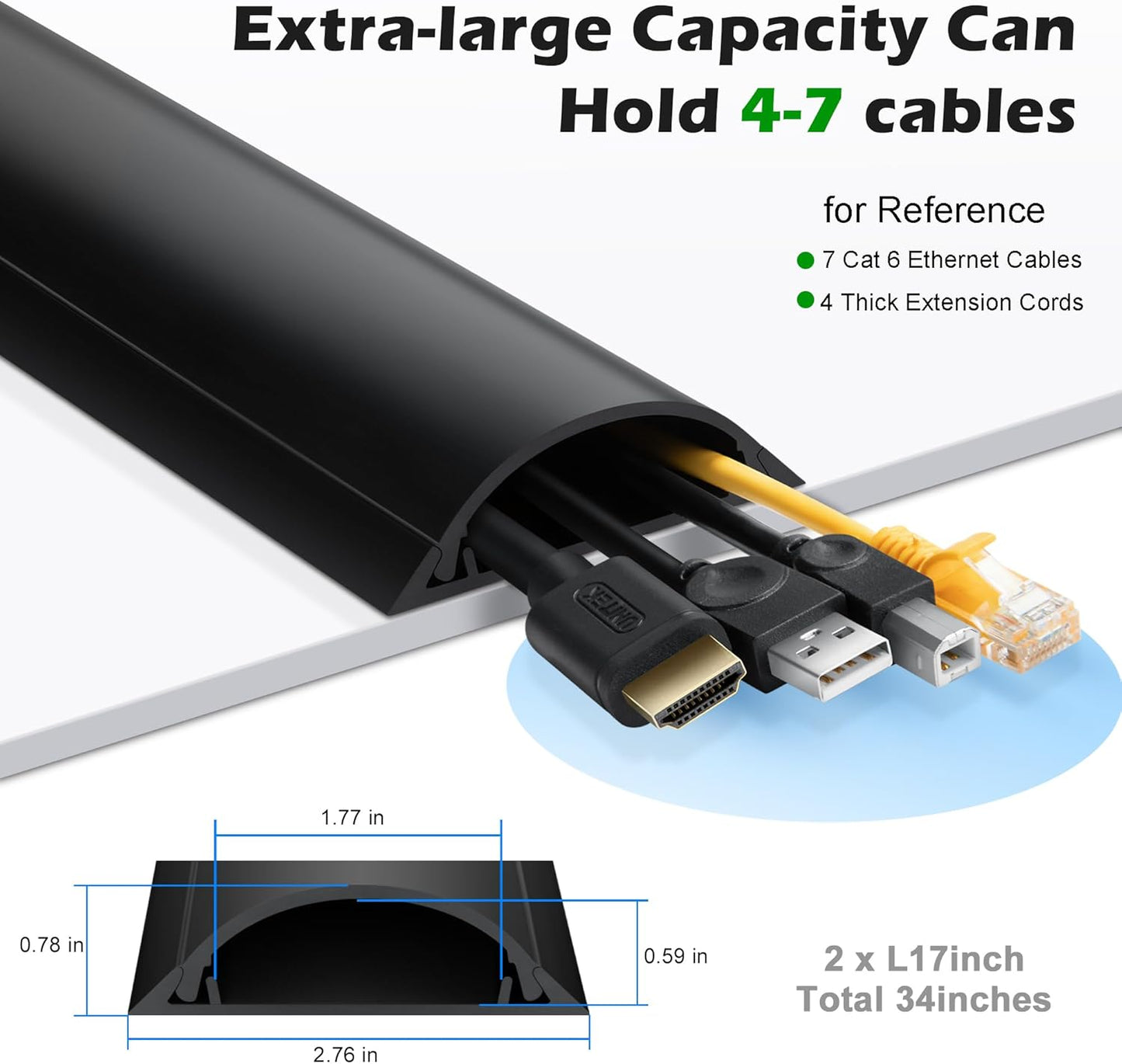 Cord Cover Floor 34in (2 x L17in), Large Capacity Floor Cable Cover, Hard PVC Cord Hider, Wire Cable Management Raceway, Black, Cord Cavity - 1.8"(W) x 0.6"(H)