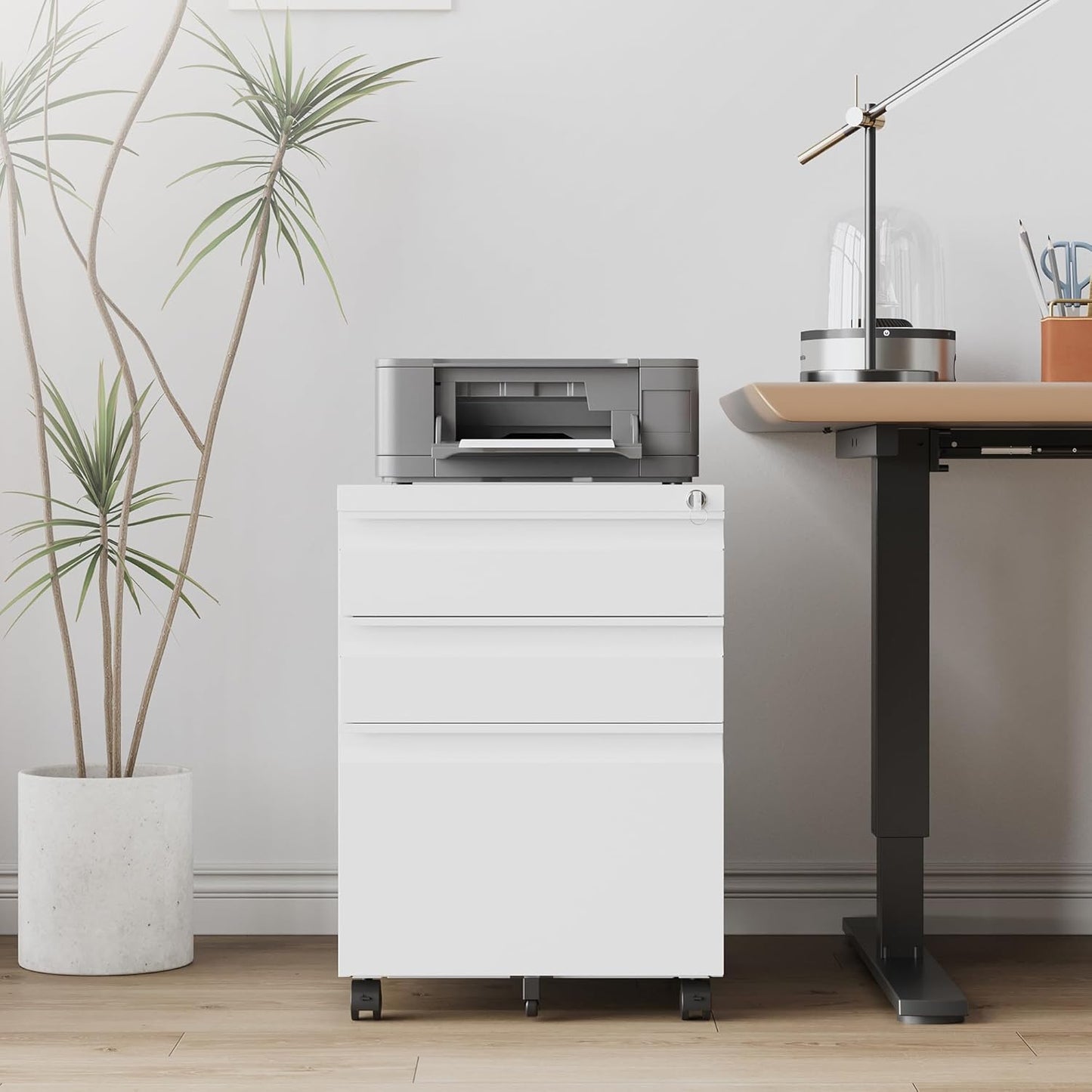 3 Drawer File Cabinet，Mobile Filing Cabinet with Lock and Wheels，Un-Assembled Metal Under Desk File Cabinets for A4/Letter/Legal Size（White