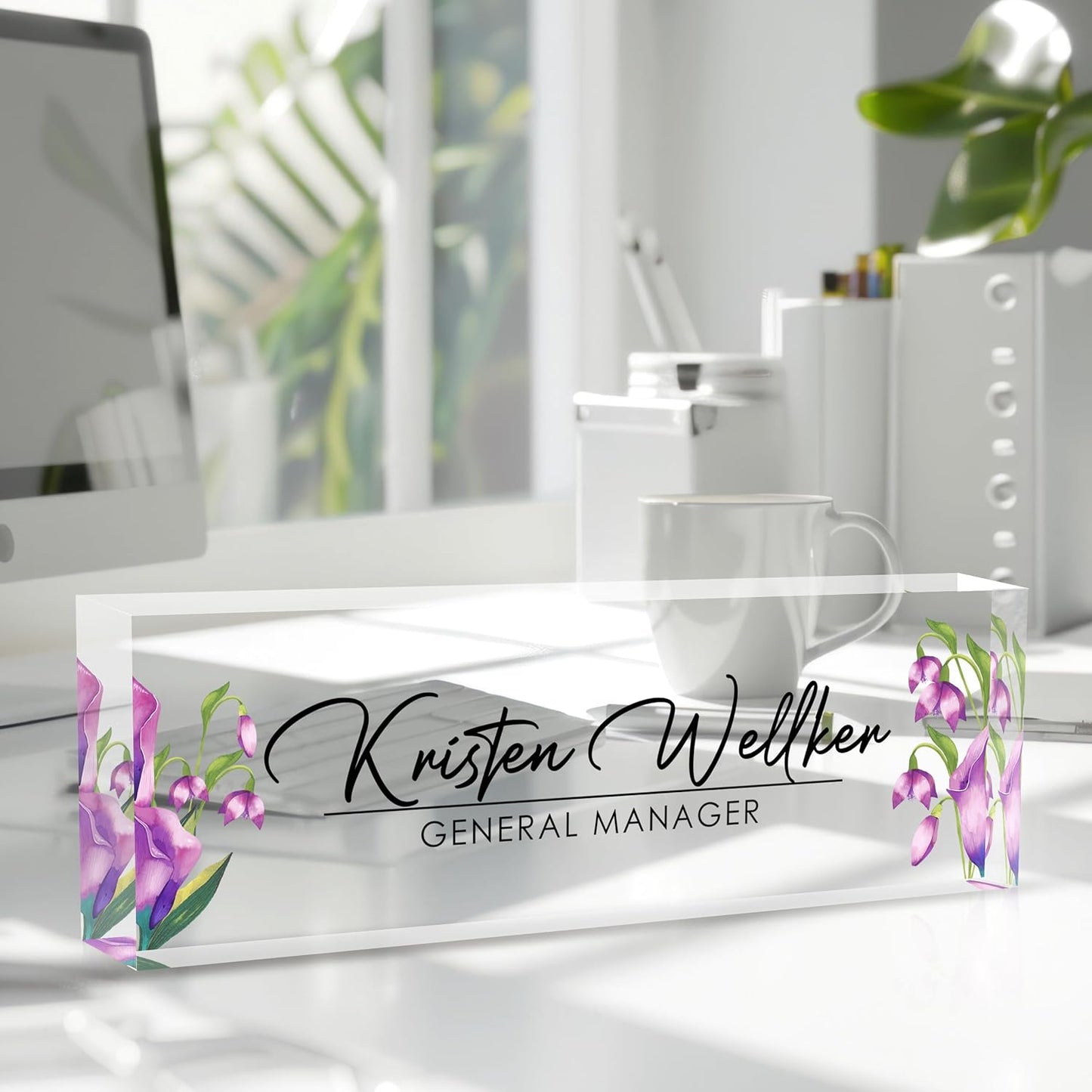 Custom Office Name Plate for Desk, Desk Name Plate Personalized, Personalized Gifts for Women, Appreciation Gifts for Employee Coworkers Boss Teacher, Office Accessories (Purple flower)